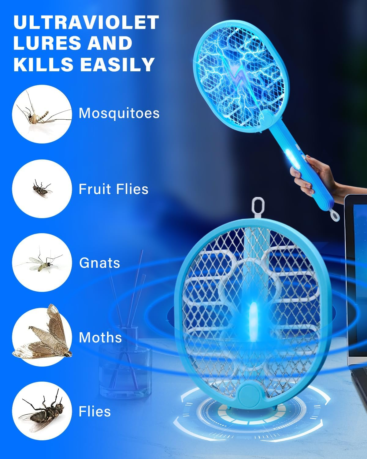 STORMHERO Electric Mosquito Swatter, Bug Zapper Racket Fly Swatter, 2IN1 Foldable Mosquito Trap Fly Killer, 4000V Bug/Mosquito Repellent with 3-Mode USB Rechargeable for Indoor&Outdoor, Garden&Camping image number 1