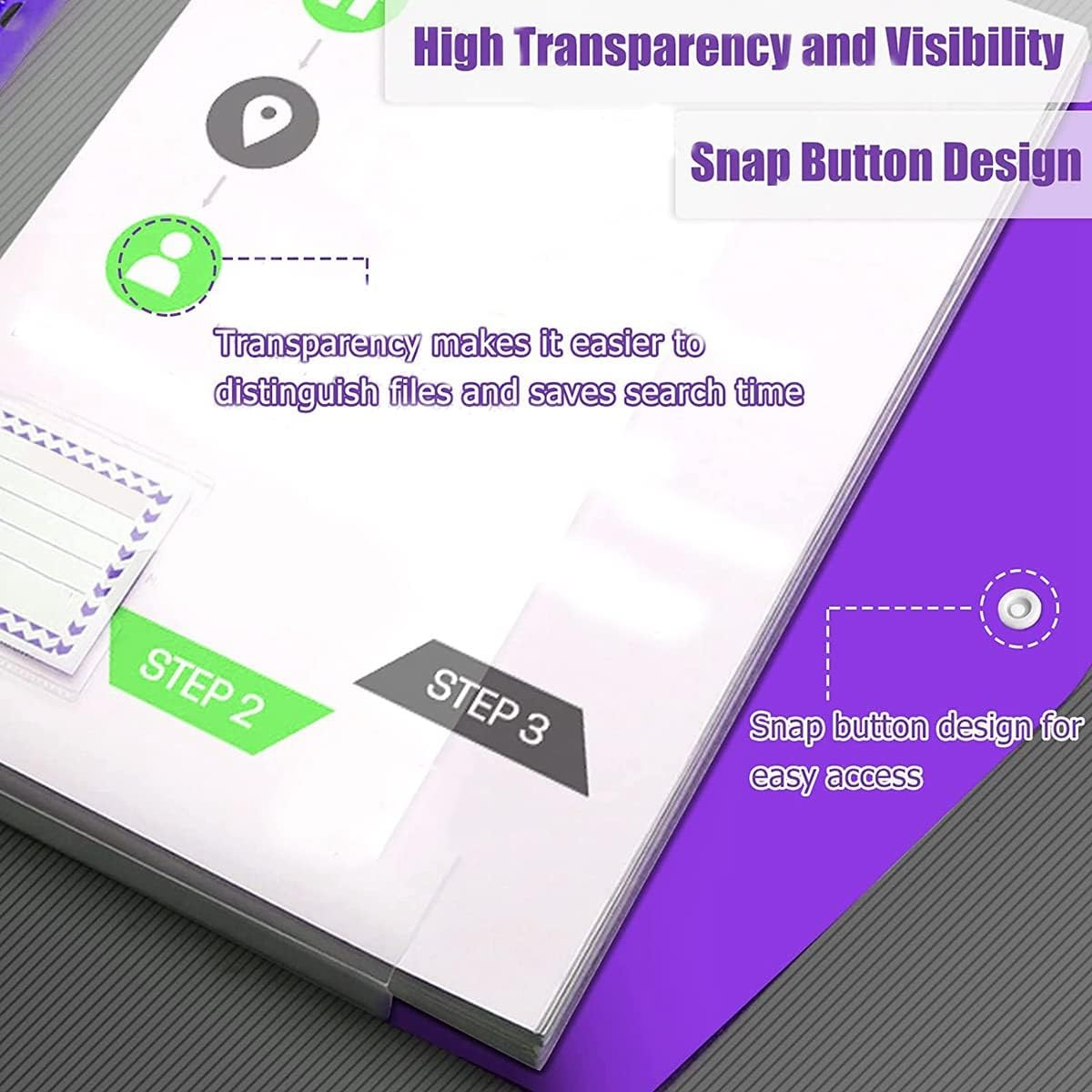 Veumoie 12 Pcs A4 Binder Pocket Expandable Envelopes Clear Plastic Envelopes for Ring Binder Folder, Snap Button image number 5