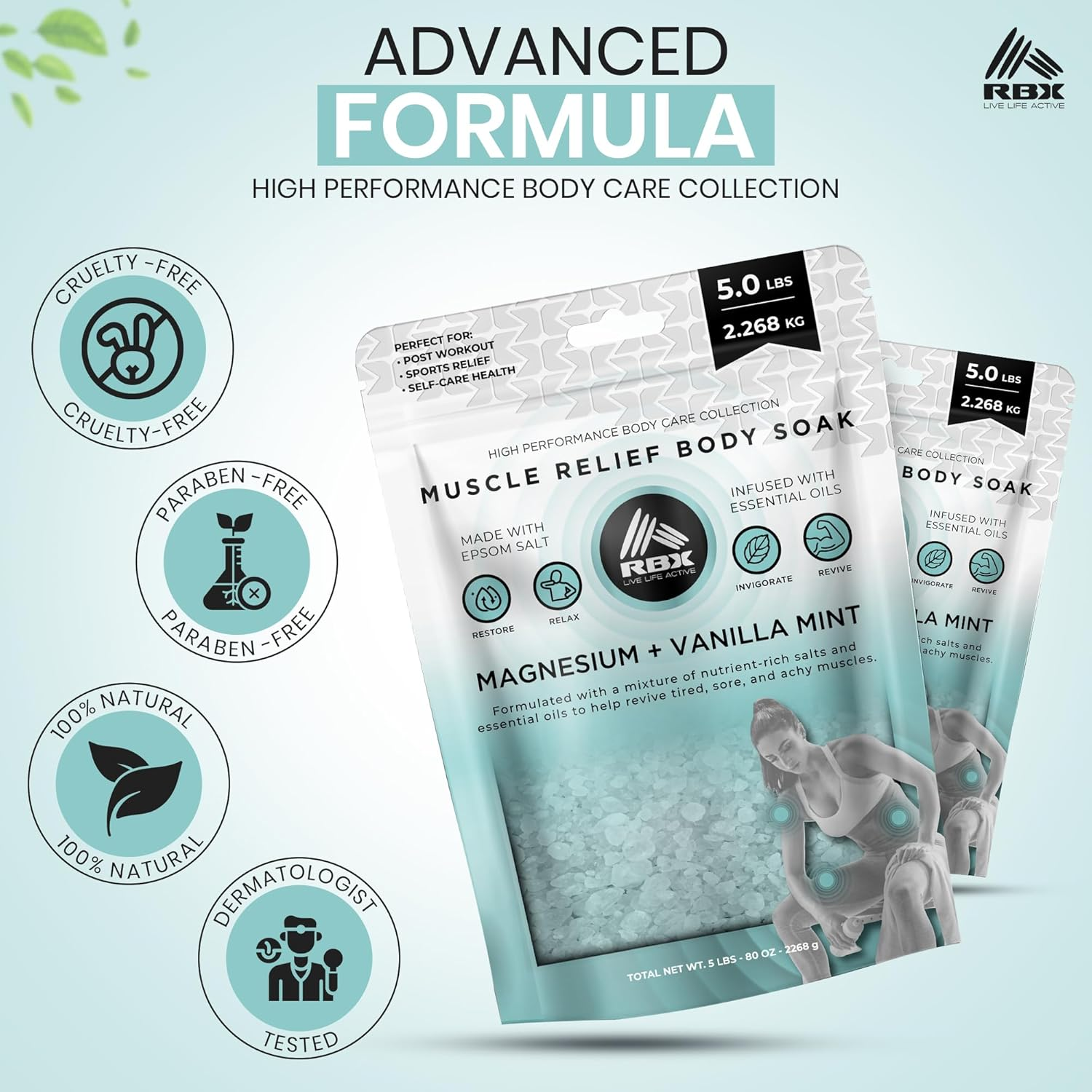 RBX Muscle Relief Epsom Salt Bath Soak &ndash; Magnesium Flakes & Bath Salts for Soothing Sore Muscles, Pain Relief, Foot Detox Soak &ndash; Vanilla Mint Scent &ndash; 5 Lb Bag image number 2