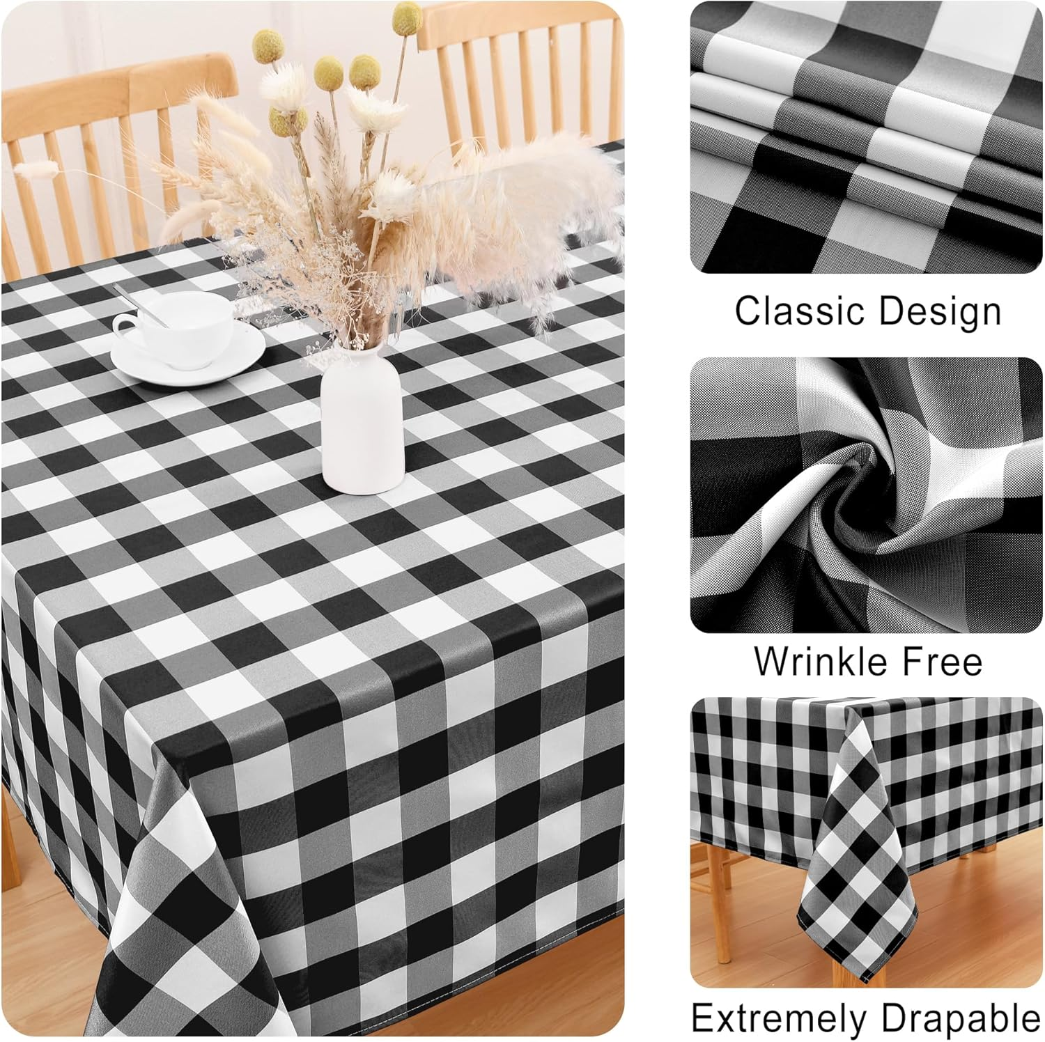 DWCN Checkered Tablecloth Rectangle - Waterproof & Wrinkle Resistant Washable Fabric Table Cover Checkered Table Cloth for Dining Table, Picnic and Party, 137 X 203Cm, Black and White image number 4