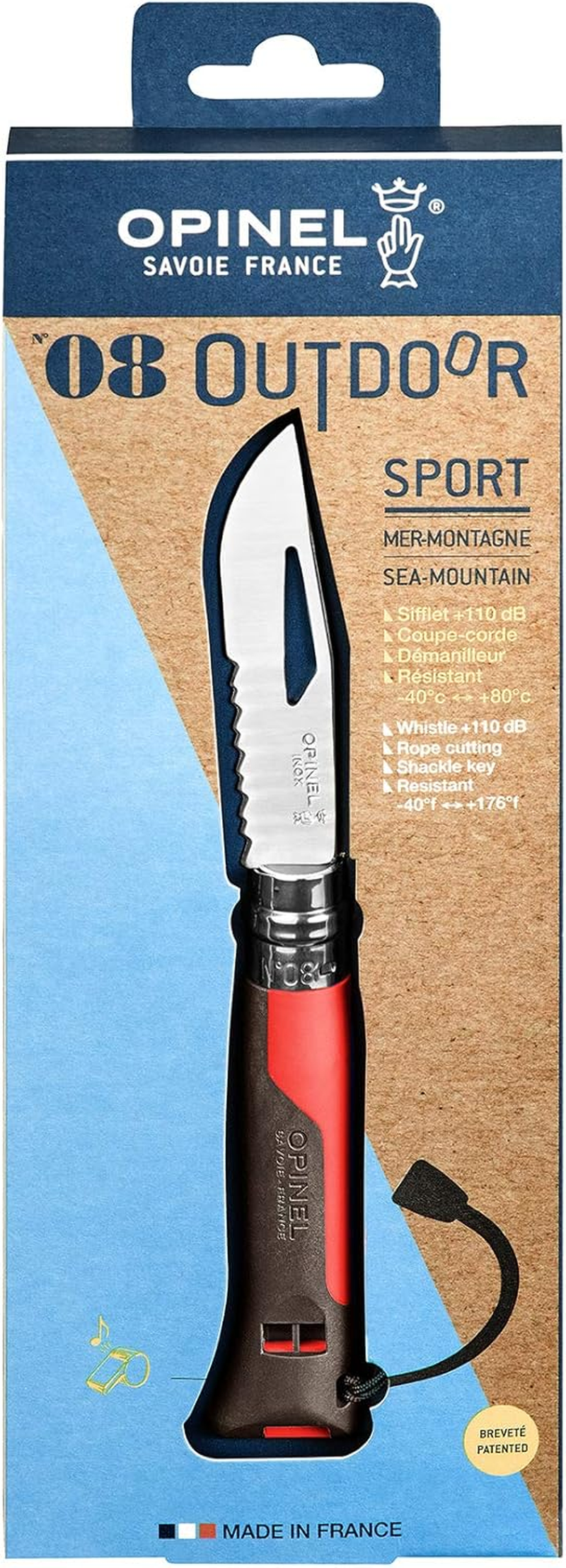 Opinel No. 08 Outdoor Folding Knife + Multitool - Partially Serrated Stainless Steel Blade, Nonslip Handle, Survival Whistle, Shackle Key