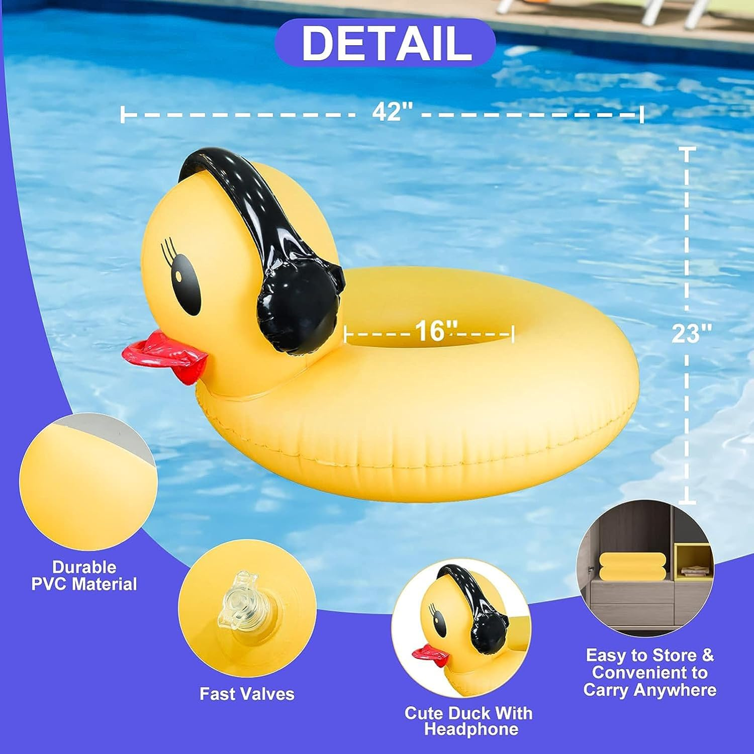 Inflatable Duck Pool Float with Lights, Solar Powered Pool Inflatables Duck Floaties for Adults Kids, 44" Large Animal Swim Tube Ring Pool Float with Fast Valves Summer Beach Pool Lounge image number 3