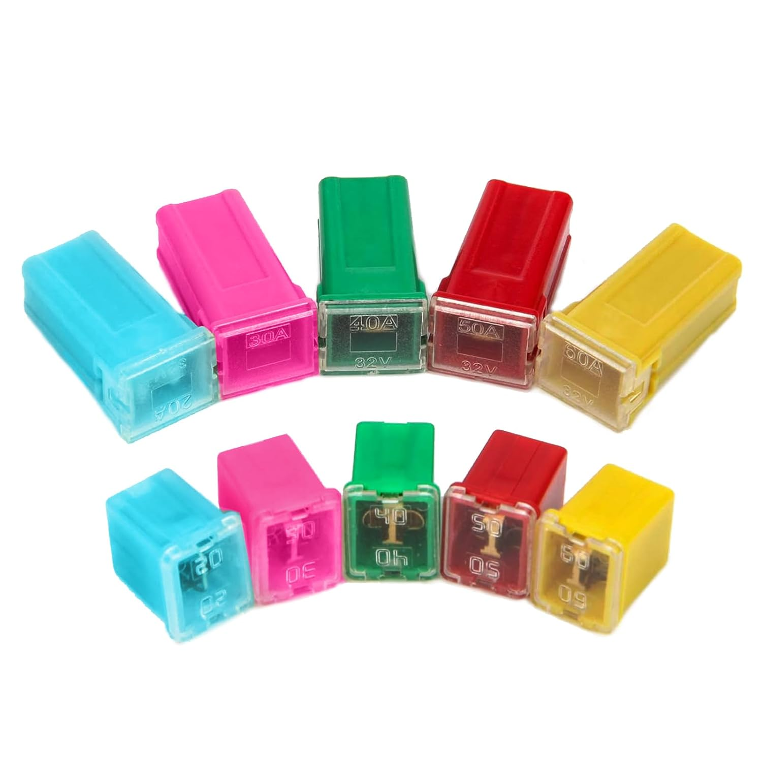 Qioon 10 PCS Car Fuse Assortment Kit, 20A 30A 40A 50A 60A, Tall and Short Box-Shaped Mini Fuses, Replacement Fuses for Car, RV, Truck, Motorcycle, Boat image number 5