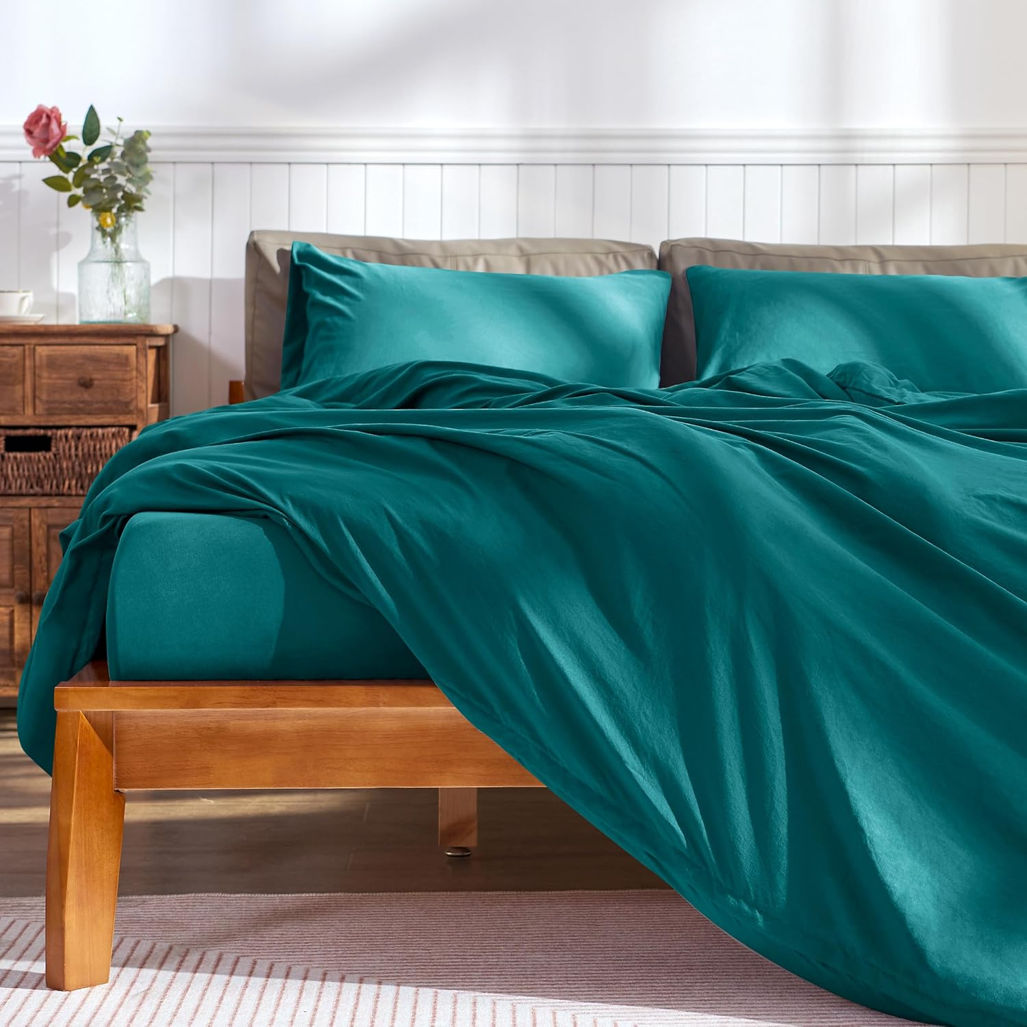CHUN YI Kingsize Duvet Cover Sets, 100% Washed Microfiber Plain Bedding Duvet Covers Set with Zipper Closure & 8 Corner Ties, Breathable & Ultra Soft Duvet Cover with Pillowcases (Teal Green, King) image number 4