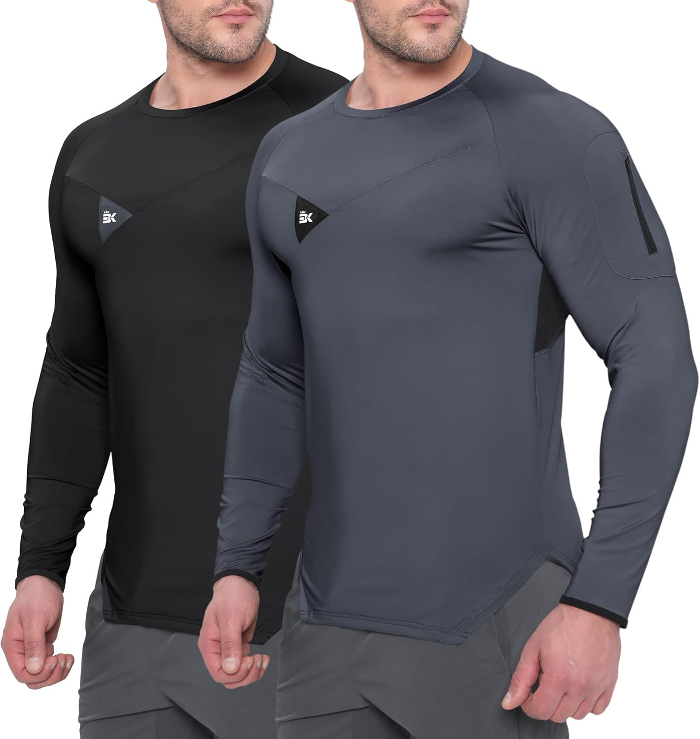 BROKIG Mens Armzip Long Sleeve Gym Tshirts, Quick Dry Workout Compression Shirts Lightweight Running Sports Top with Zip Pocket