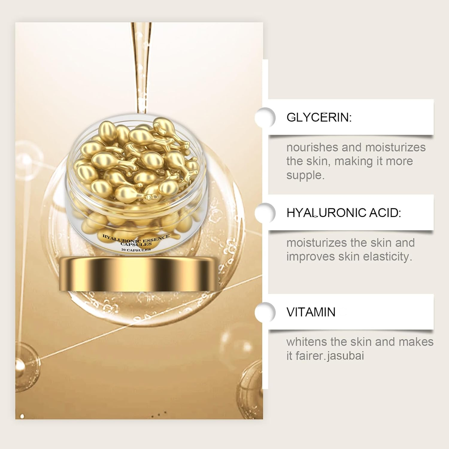 Hyaluronic Acid Anti-Aging Capsule Serum, Vitamin E Capsules for Face, Intense Hydration Skin Targets Fine Lines, Wrinkle Lifting & Firming Essence, Repair Dry Skin (30 Capsules) image number 3