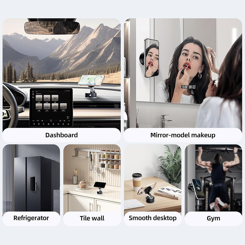 Foldable Vacuum Suction Magnetic Phone Holder,360&deg; Swivel Car Mount with Strong Electric Suction, Hands-Free for Car, Gym, Mirror & Kitchen,Pink image number 3