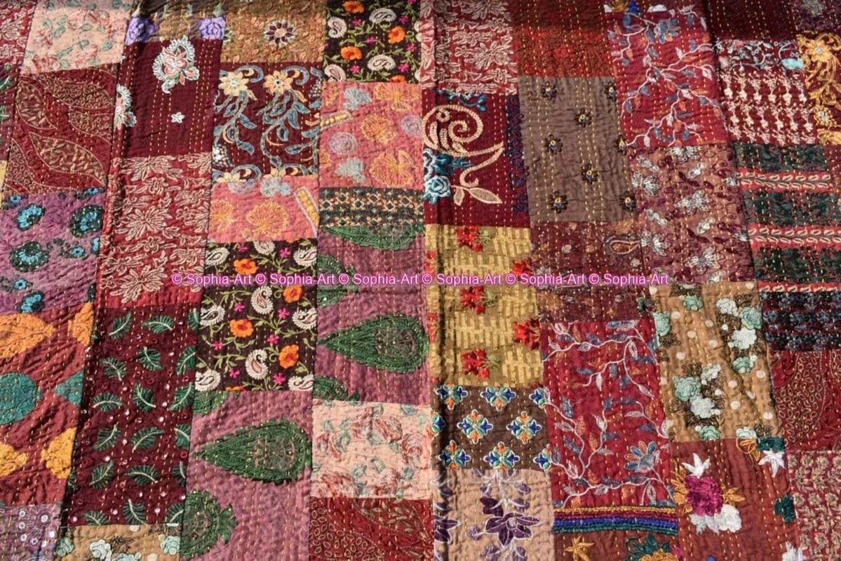 Handmade Vintage Khambadiya Print Hand Jari Patchwork King/Twin Size Embroidery Kantha Quilt Home Decorative Kantha Bedspread Indian Blanket Coverlet Art image number 2