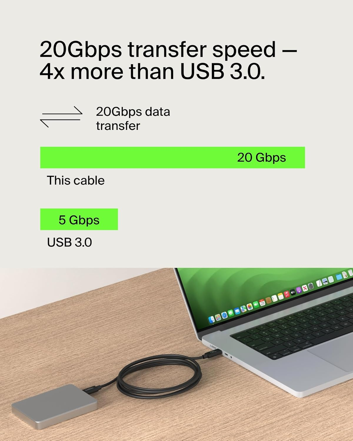 Belkin Connect USB4 Cable (2M Power Cable), USB-C to USB-C Cable W/ 240W Power Delivery + 20Gbps - USB4 Compliant Power Cable, Compatible with Macbook, Windows, Chromebook, & More image number 3