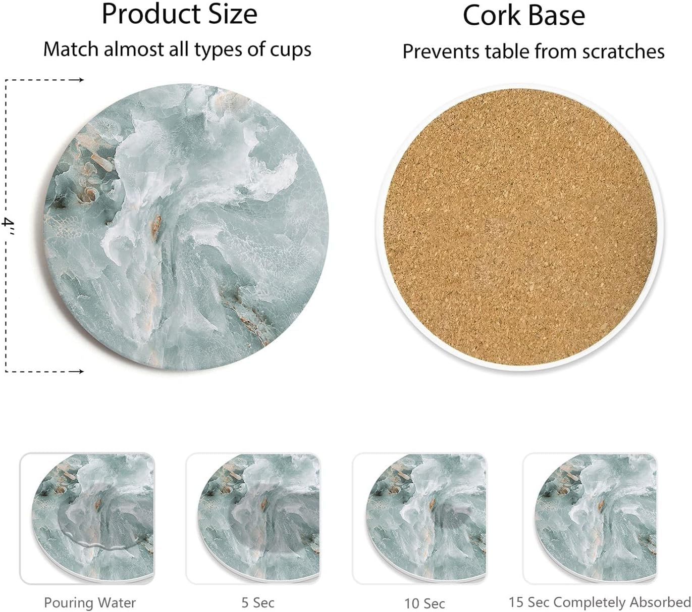 Set of 6 Abstract Marble Coasters with Holder, Absorbent Ceramic Coasters for Drinks, Coasters with Cork Backing for Table Protection, Housewarming Gifts for New Home image number 2