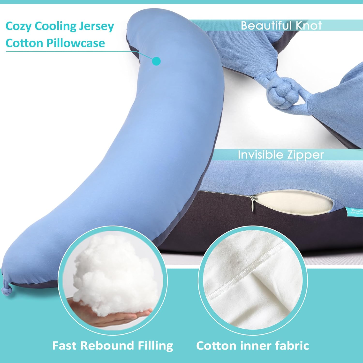 BYRIVER 43" Long C Shaped Body Pillow for Adults Men Women, Side Sleeper Pillow for Neck Shoulder Back Pain Relief, Cooling Post Sugery Pillow Pregnancy Pillow, Blue Black Washable Pillowcase (XL) image number 2