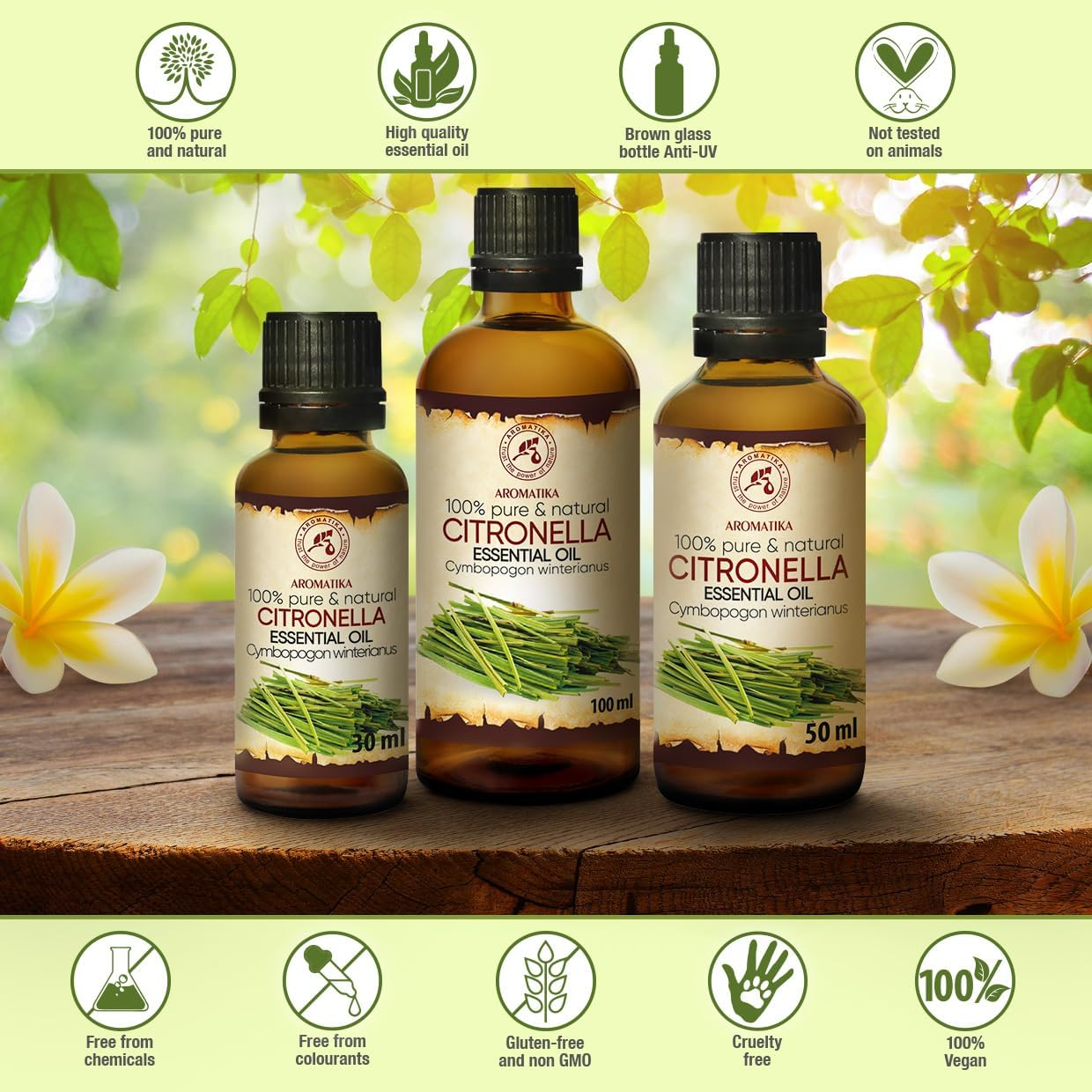 Citronella Oil 50Ml - Cymbopogon Winterianus - 100% Pure & Natural Citronella Essential Oil for Sauna - Aromalamp - Cosmetics - Aromatherapy - Diffusers - Aromabath