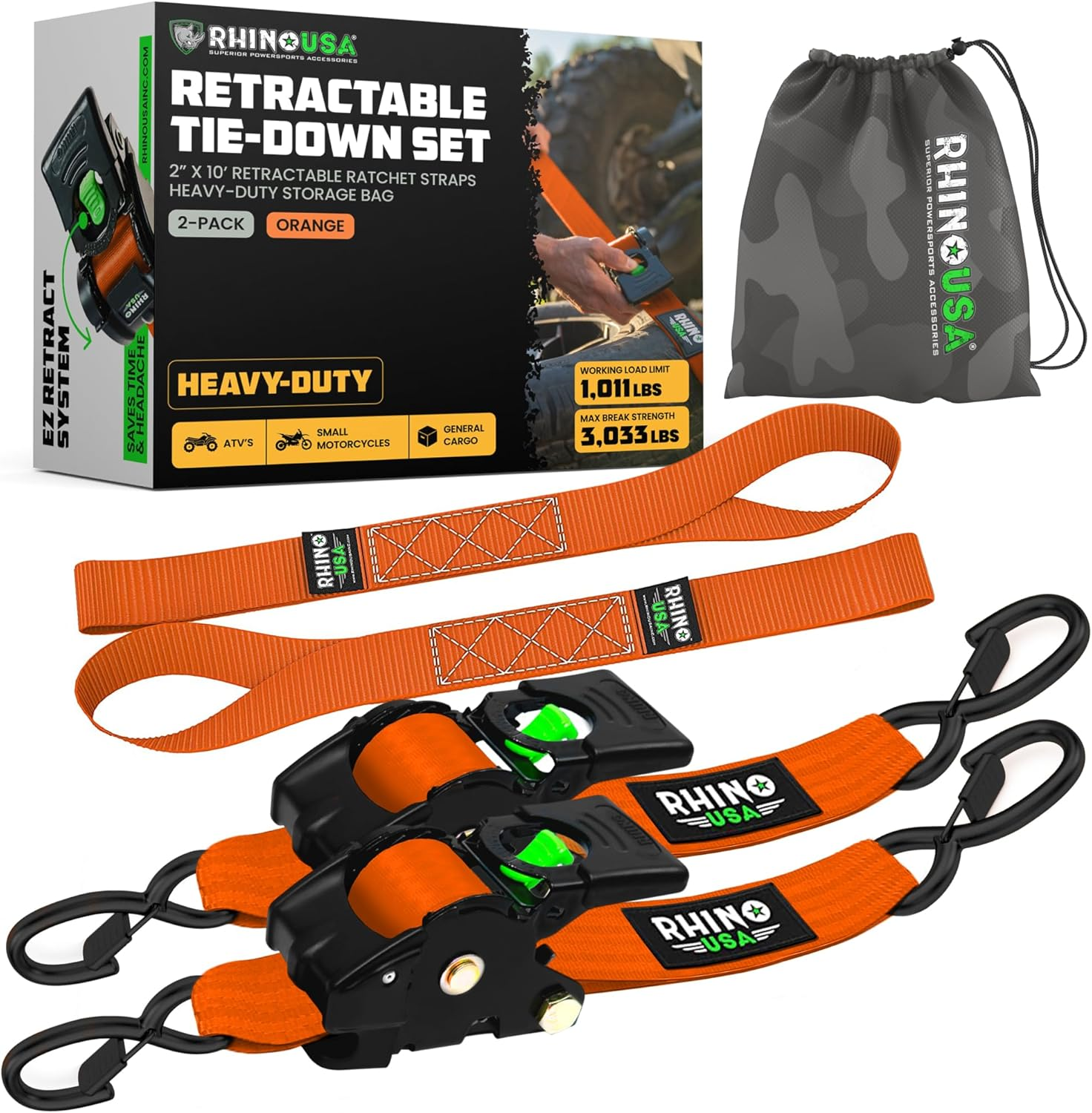 Rhino USA Retractable Ratchet Tie down Straps (Pack of 2) - 3000Lb Break Resistance Including (2) 2" X 10Ft Self Retracting Tie down Straps - Orange image number 1