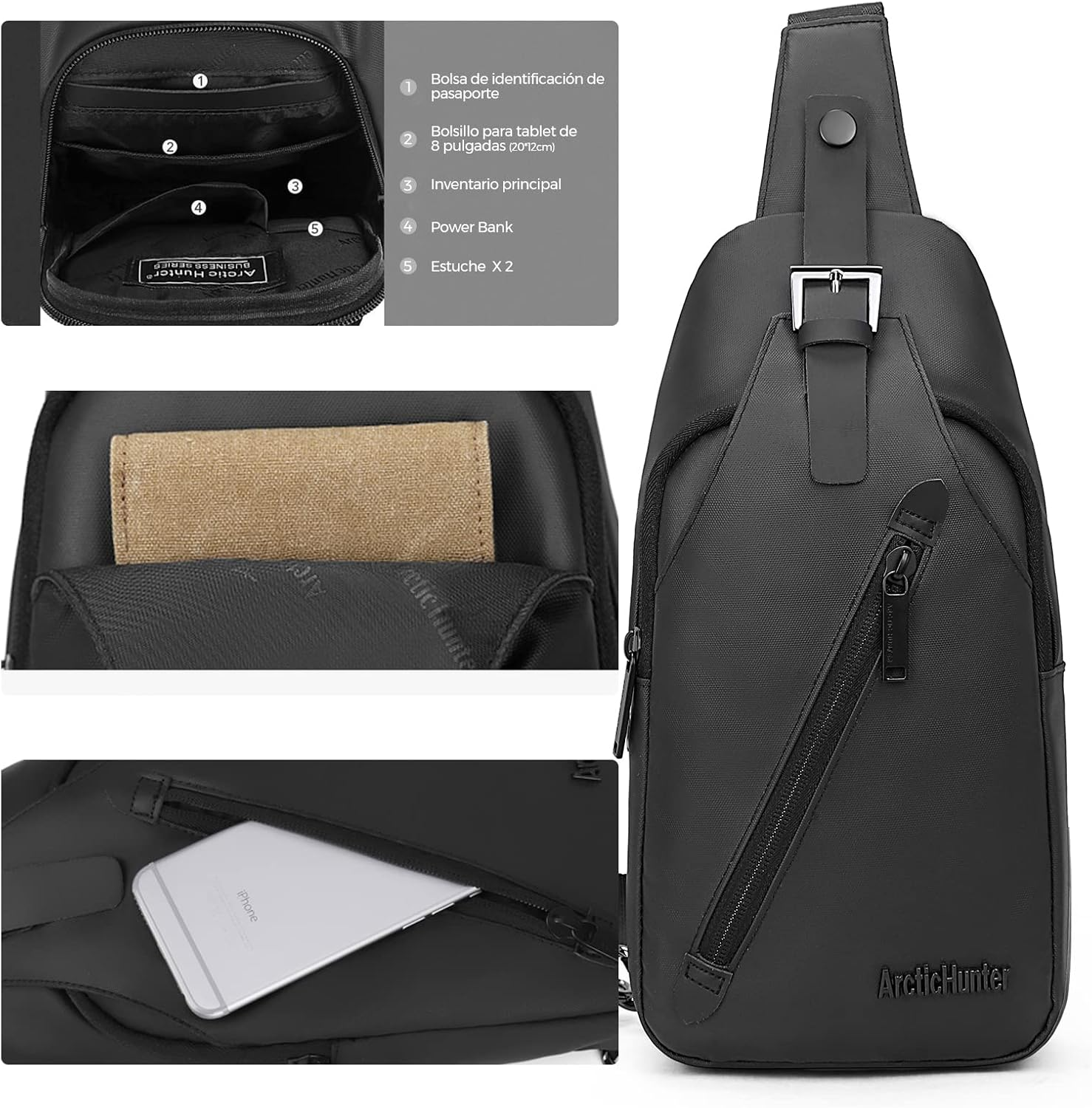 Arctic Hunter Men'S Crossbody Sling Bag &ndash; Compact Water-Resistant Chest Bag with Headphone Port & Anti-Theft Design, Fits Ipad Mini, Multi-Pocket Daypack for Travel, Hiking, Outdoors & Work XB13006 image number 6