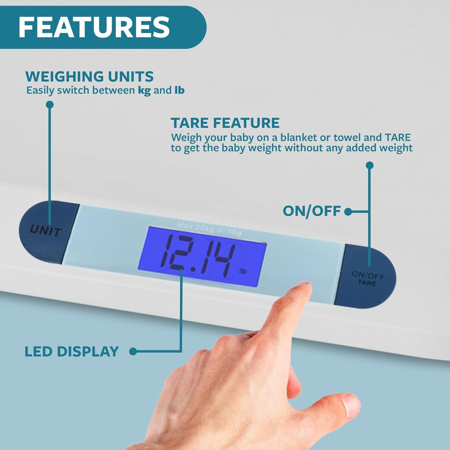 Smart Weigh Comfort Baby Scale, 44 Pound Capacity, 3 Weighing Modes, Accurate Digital Scale for Infants, Toddlers, and Babies image number 6