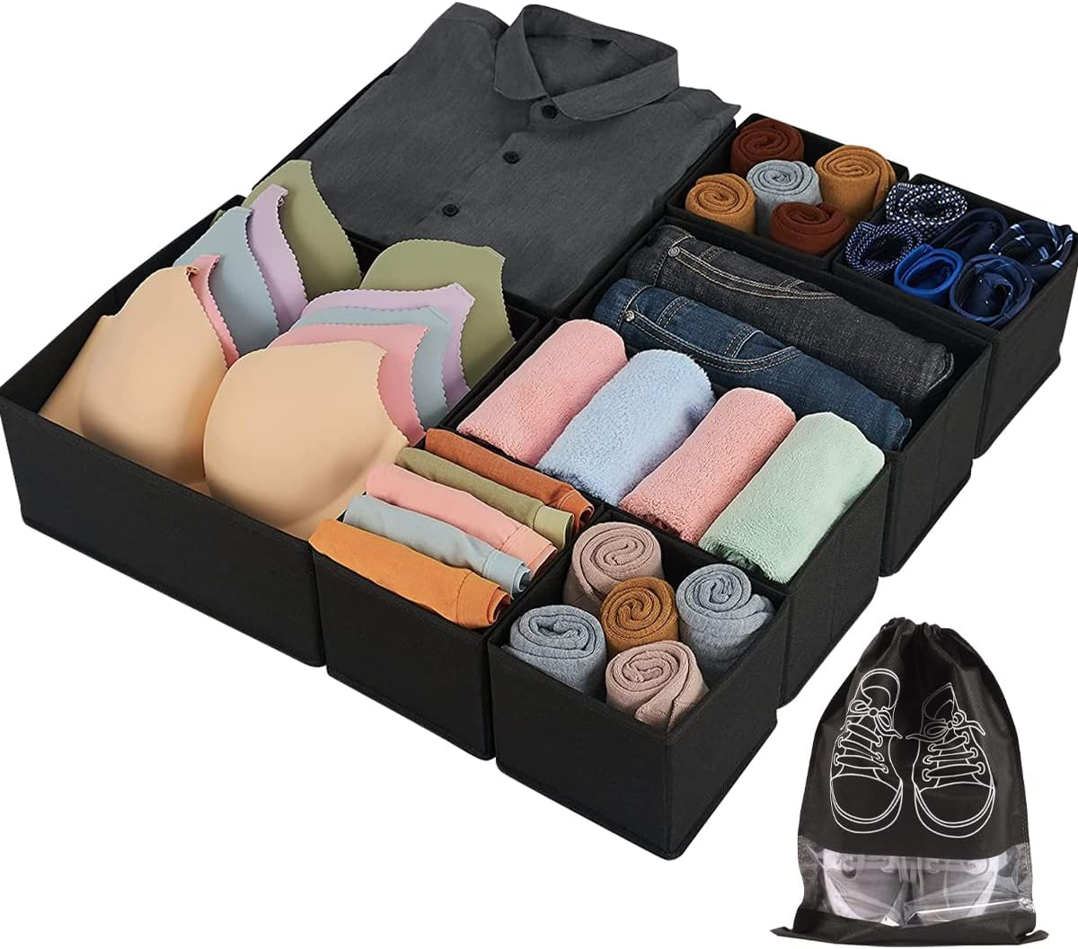 Okam Clothes Drawer Organiser Set of 8 - Underwear/Bra/Sock Organiser with Bonus Shoe Bag - Versatile Organisers for Drawers - Tidy Storage Solution for Bedroom - Foldable Design - Black image number 2