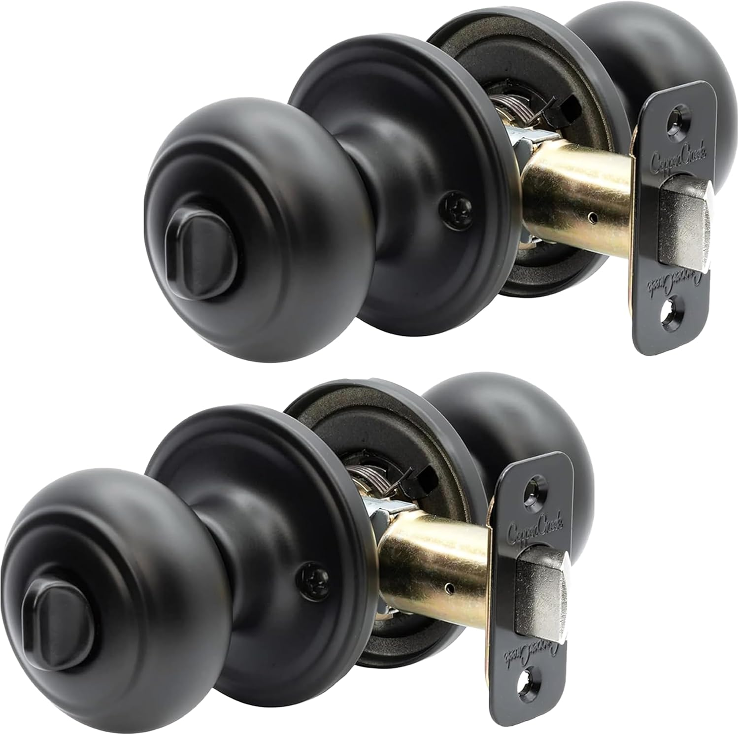 Copper Creek Matte Black Door Knobs - round Colonial Knob with Privacy Locking Function for Home Improvement, 2 Pack - Fits All Standard Doors - Locking Door Knob for Bedroom and Bathroom Use