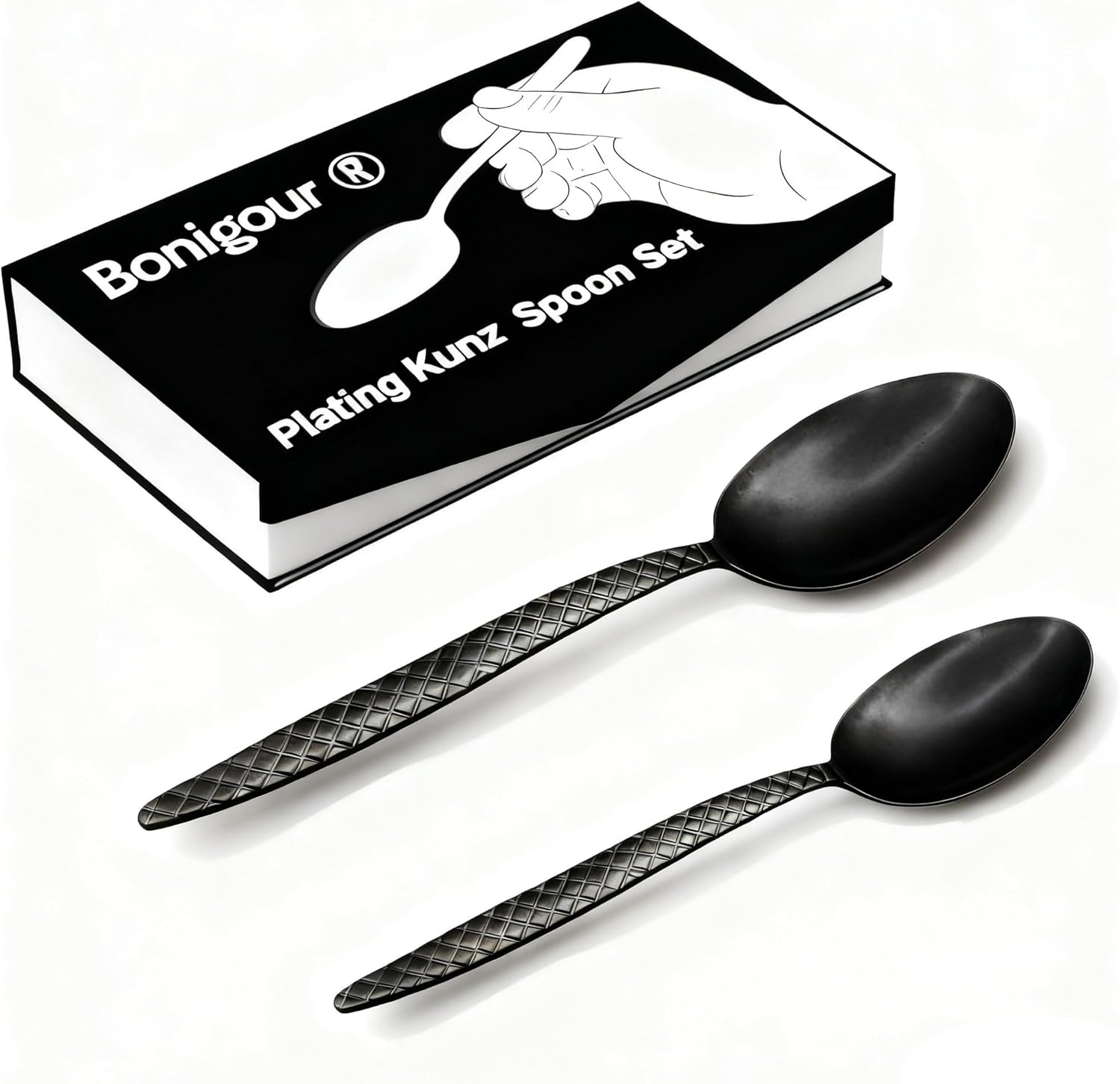 Bonigour Chef Kunz Spoons - 18/10 Stainless Steel Professional Set for Basting, Plating, Quenelle, Serving, Sauces| Vintage-Inspired Chef Spoon Set| Culinary Plating Tools with Non-Slip Grip (Black)