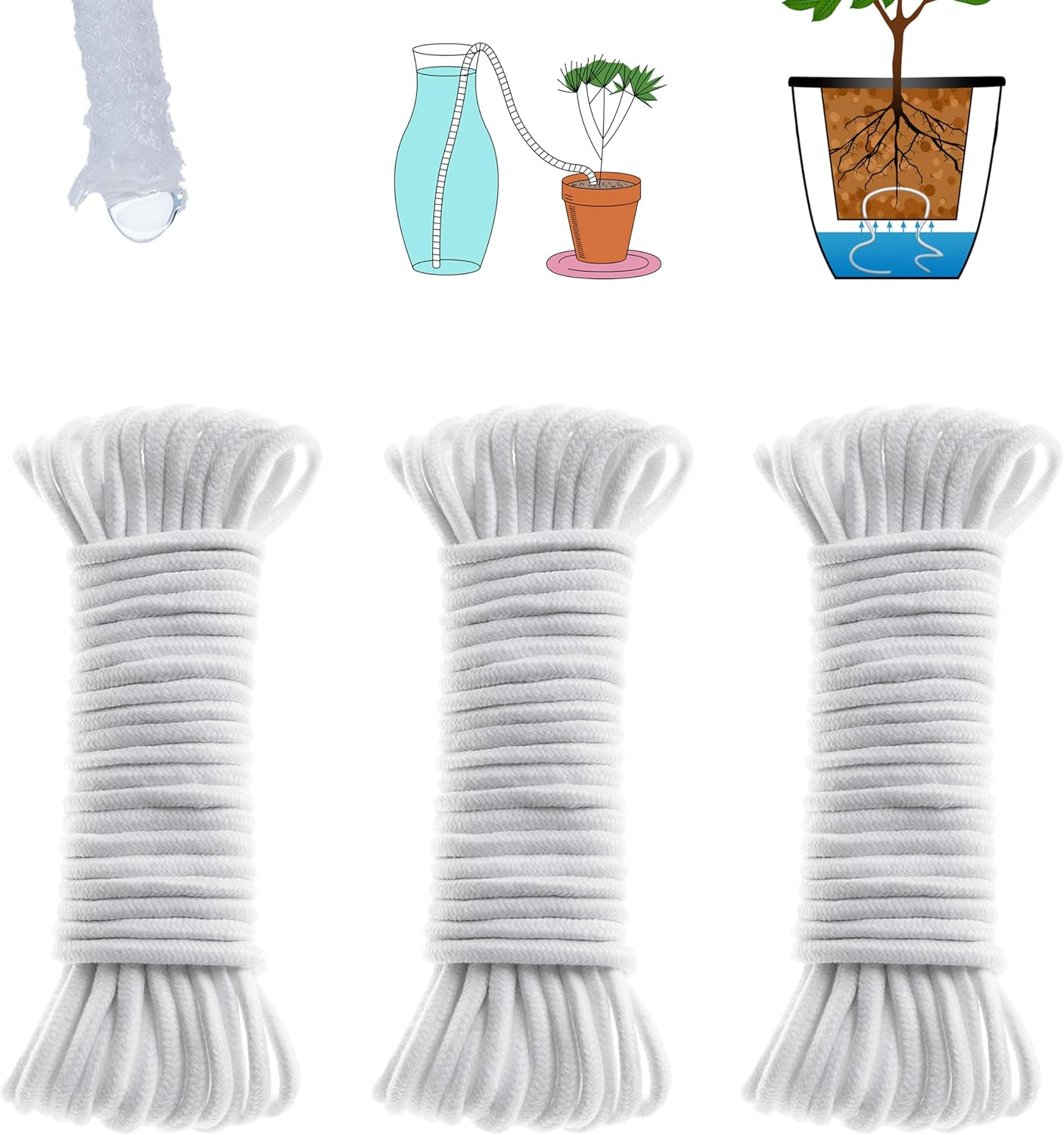 200 Feet Self Watering Wick Cord for Vacation Self-Watering Planter Pot DIY Automatic Watering Device System Potted Plant Sitter Auto Drip Irrigation Waterer to Water African Violet Cotton String Rope image number 6