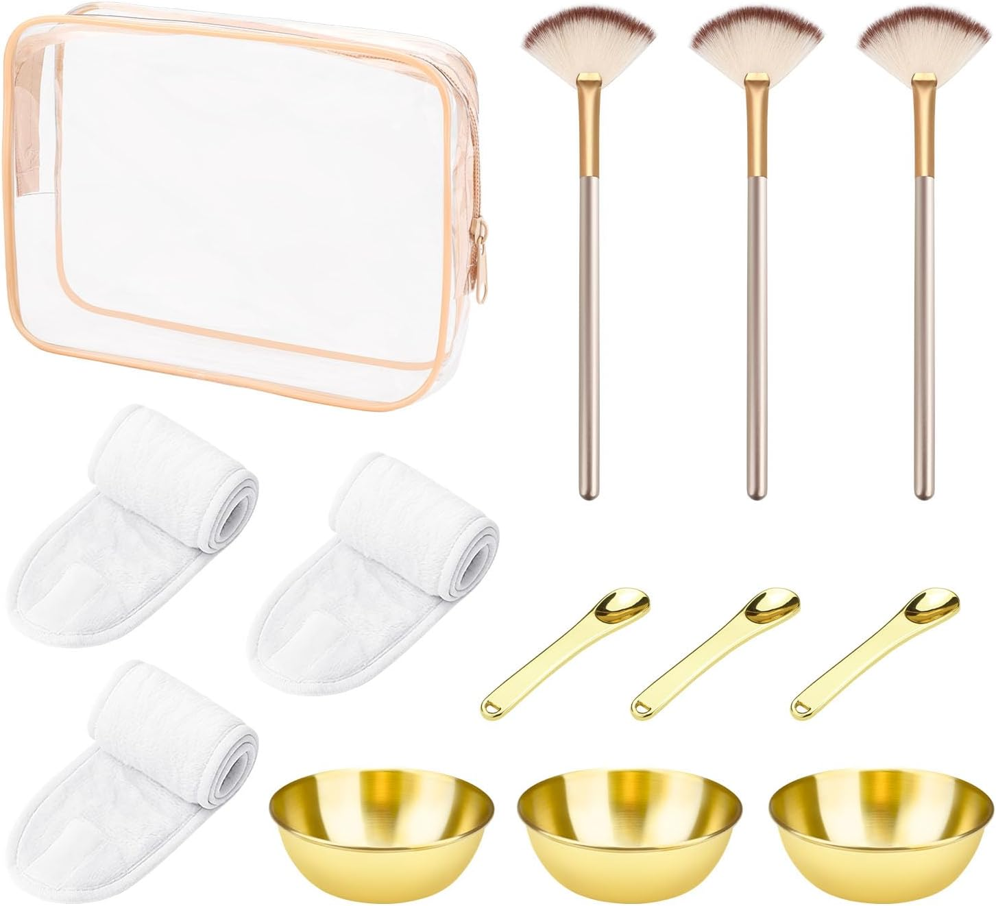 13 Pieces Esthetician Supplies Set, Cosmetic Fan Brush for Facial with Headband, Mixing Bowls, Makeup Spatula & Clear Zippered Cosmetic Bag, Skincare Applicator Tool for Home Salon Use image number 5