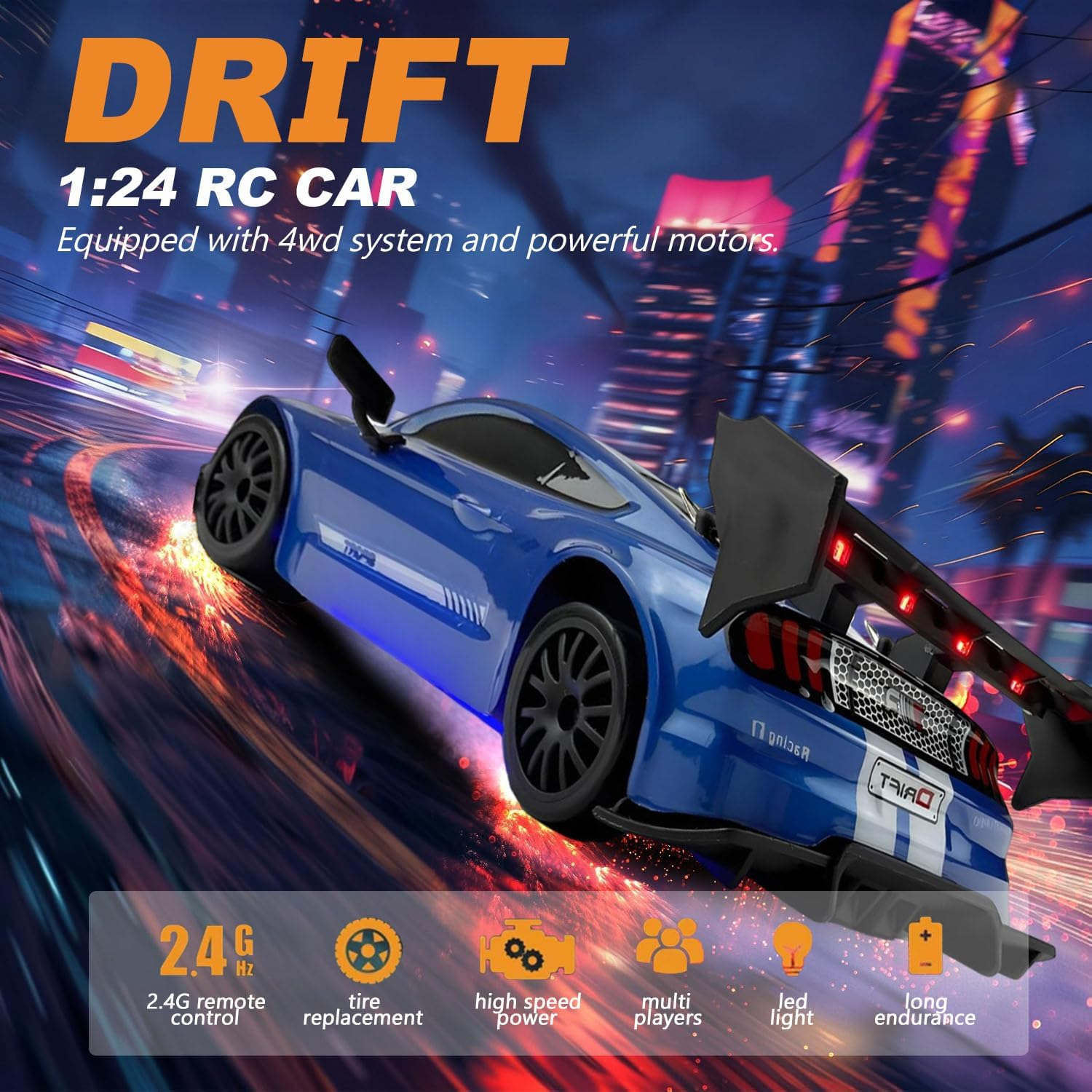 RC Drift Car, 1:24 Scale Remote Control Vehicle for Kids,4Wd 2.4Ghz 30KM/H High Speed RC Cars with LED Light, Drifting Tires Racing Sport Toy Cars for Adults Boys Girls Kids Gift (Blue) image number 4