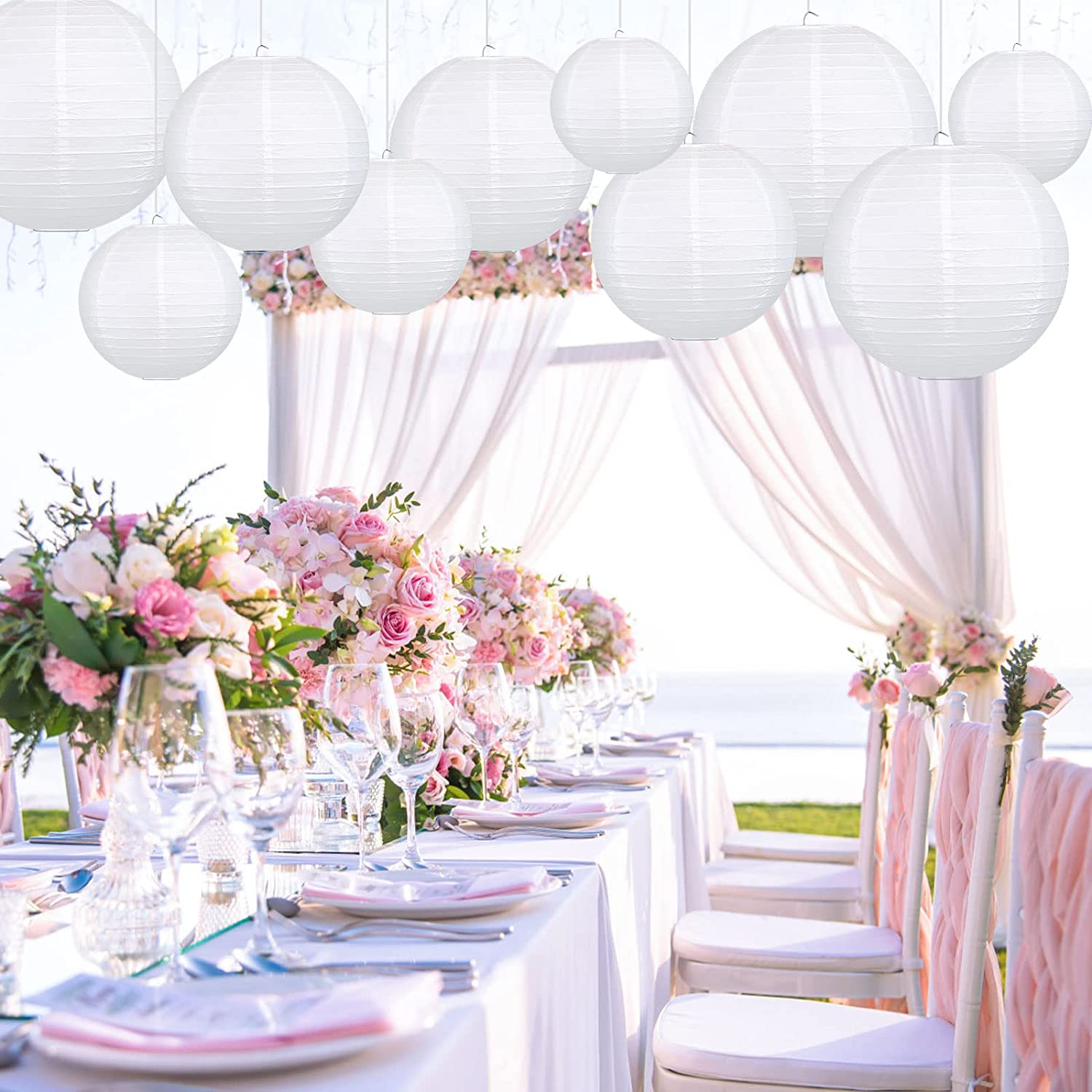 GWHOLE 6'' 8'' 10'' 12'' Paper Lanterns round Hanging Lamp Shade Lanterns - White (10 PCS)