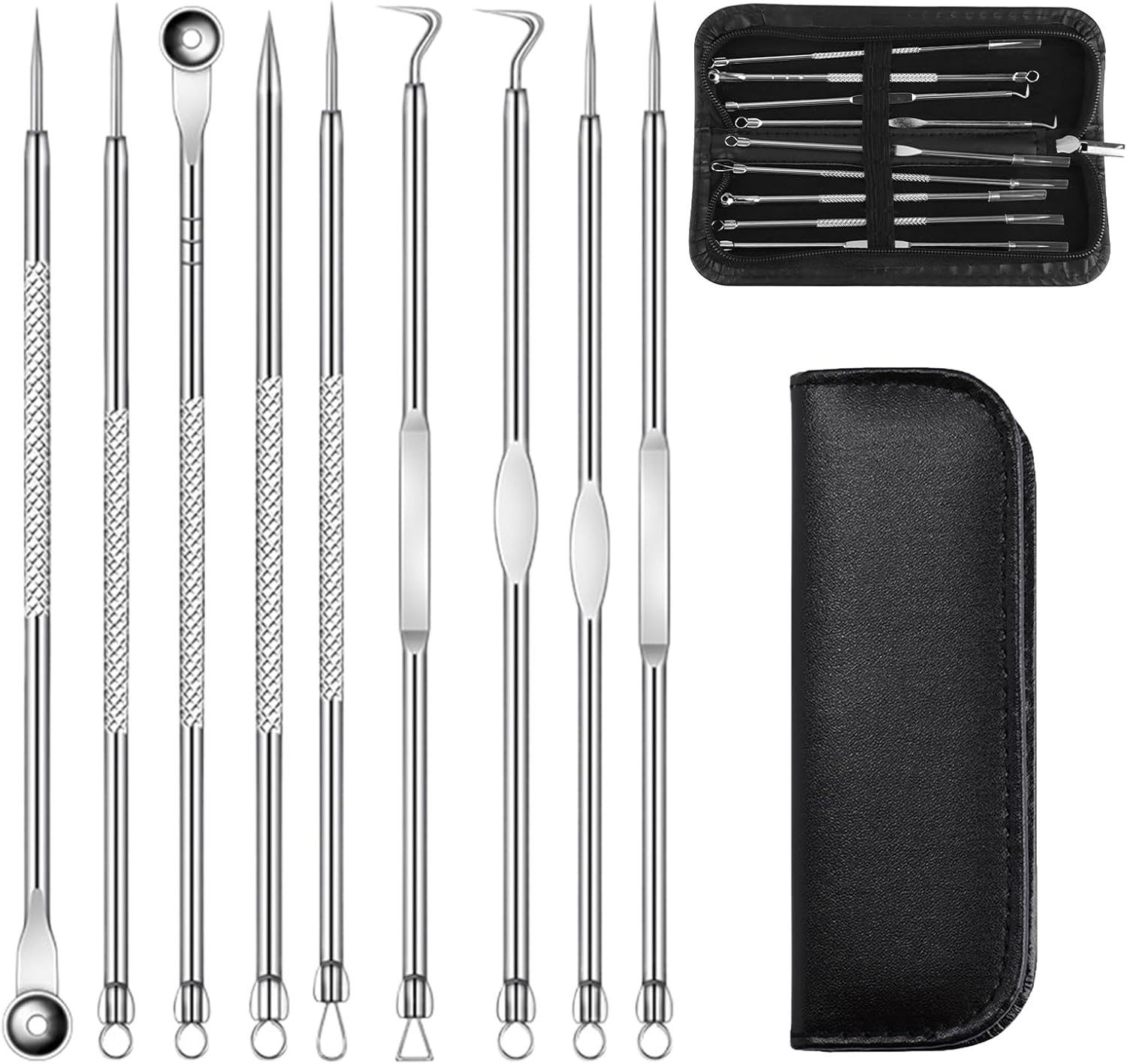 9 Pcs Blackhead Remover Kit - Acne Removal Popper Tool Sets for Blackheads, Whiteheads, Zits & Blemishes, Premium Stainless Steel Comedone Extractor with Portable Leather Case for Skin Care image number 4