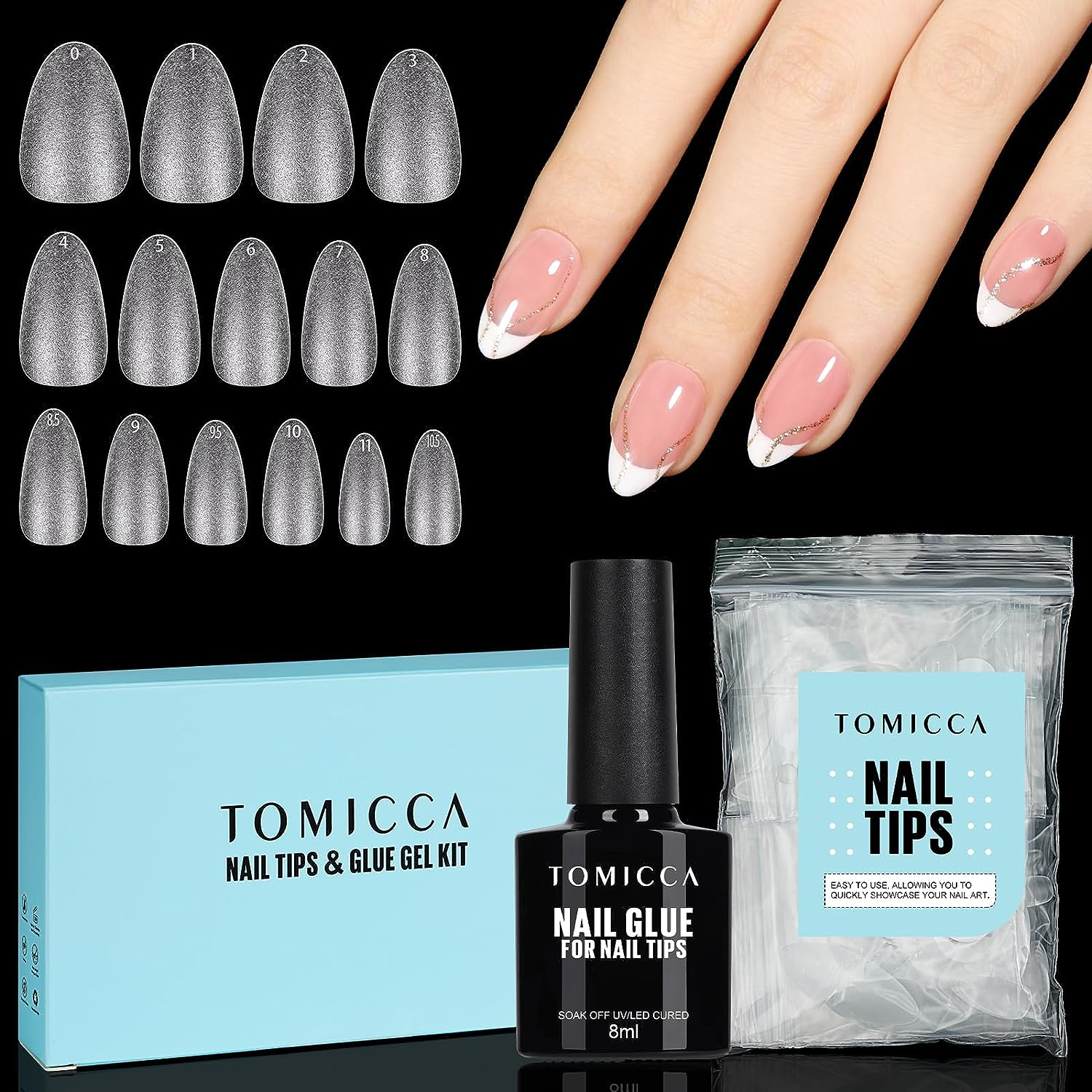 TOMICCA Short Almond Matte Nail Tips & Nail Glue Kit, 150 Pcs Full Coverage Soft Gel Nail Tips, No File, 8Ml Nail Gel Glue Soak off UV Lamp, Nail Tip Glue Set for Quick Nail Extension, Nail Salon