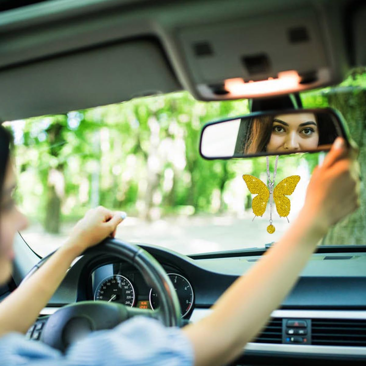 Bling Butterfly Diamond Car Hanging Accessories, Crystal Butterfly Rear View Mirror Luck Car Decoration Accessories for Women, Valentine'S Day Presents Ornament Pendant for All Cars (Lemon Yellow) image number 2