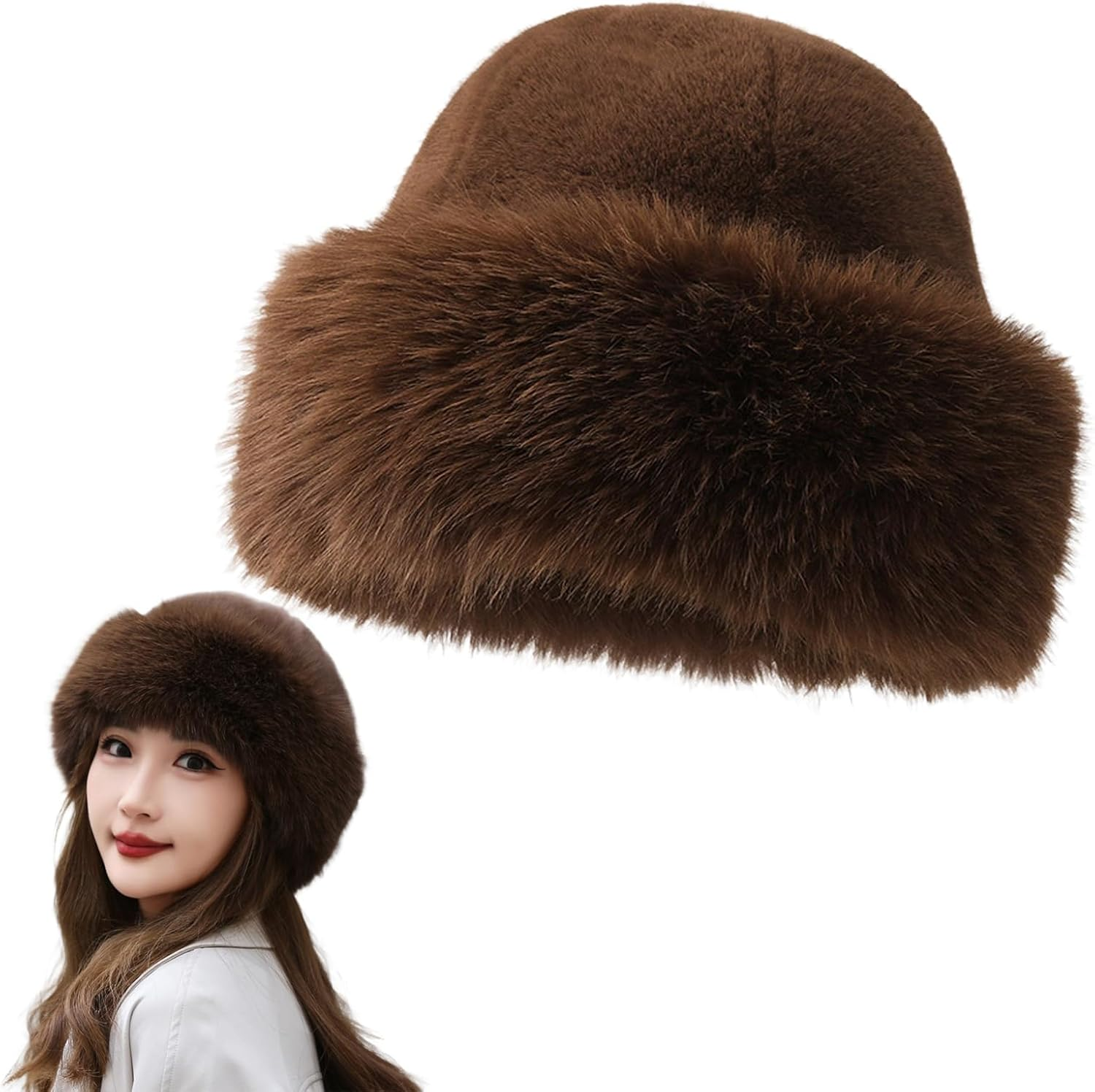 Lopsity Women'S Faux Fur Winter Bucket Hat Fluffy Warm Hat for Men Fuzzy Bucket Hat Winter Wrap Hat