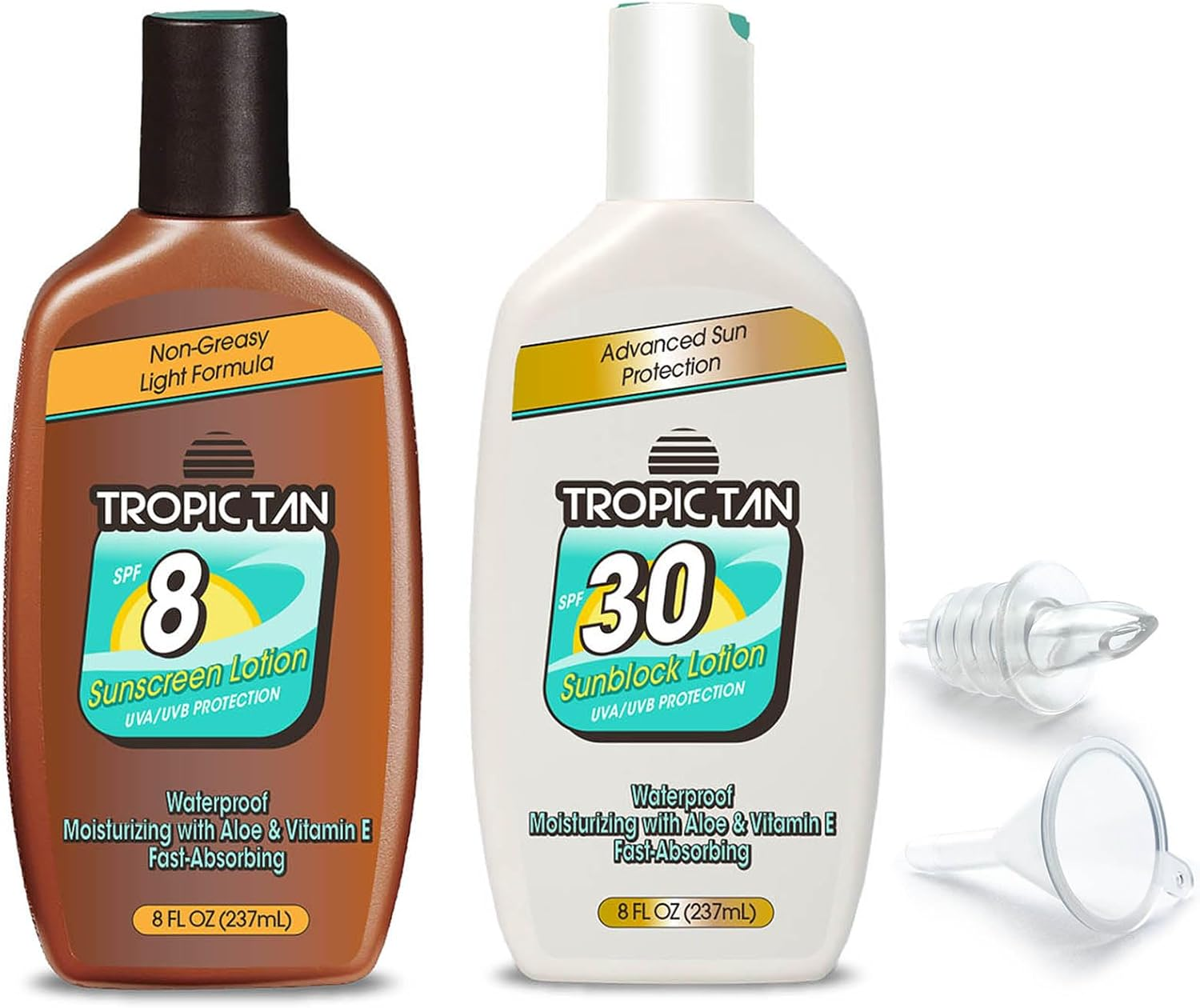 Gopong Sunscreen Flask 2 Pack - Tropic Tan Classic Bottle Style, Includes Funnel and Liquor Pour Spout