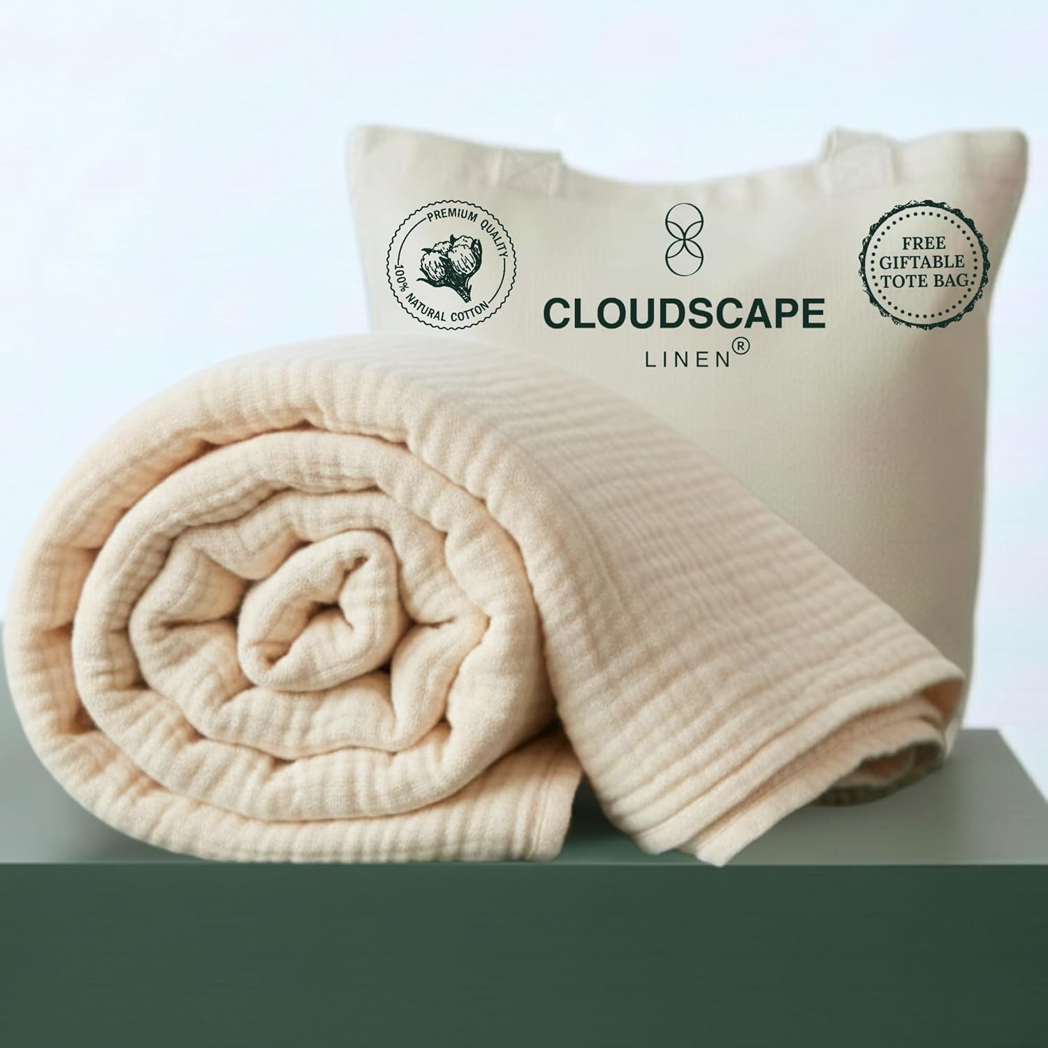 CLOUDSCAPE LINEN Luxury 100% Cotton Muslin Blanket King Size, 4 Layer Oversized 92X108 Fit Upto Calking Bed, Layering Winter Blankets for Bed, Soft Cotton Gauze Quilt, All Season Ivory Bedding