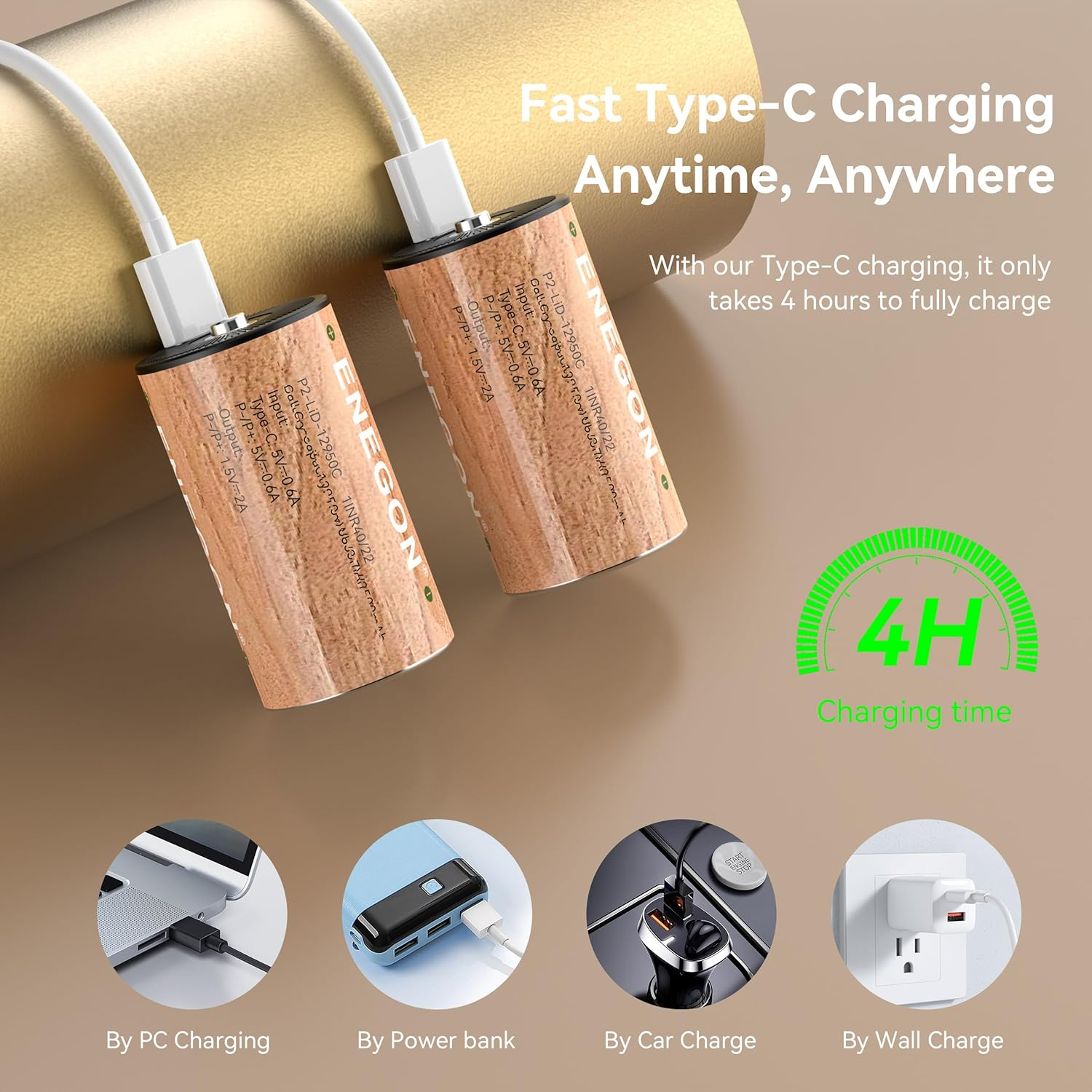 ENEGON Rechargeable D Batteries 12950Mwh (4 Pcs), USB-C Charging Li-Ion D Cell Batteries (2-In-1 Cable Included), LR20 1.5V Long-Lasting for Floodlight Toys, RC Car image number 3