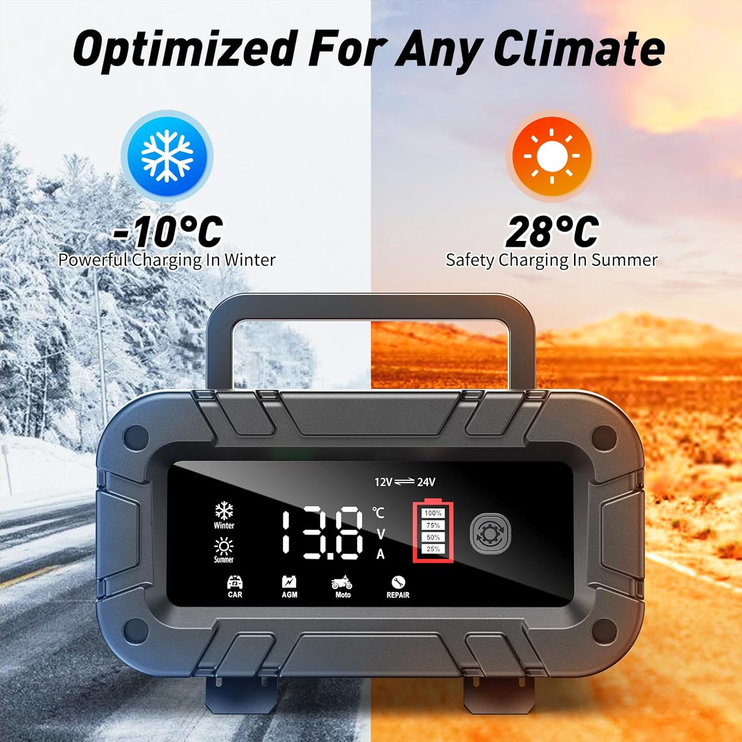 10-Amp Car Battery Charger, 12V/24V Smart Battery Charger Automotive Battery Maintainer with Pulse Repair, Trickle Charger for Car Truck Motorcycle Lawn Mower Boat (Red, Black) image number 3