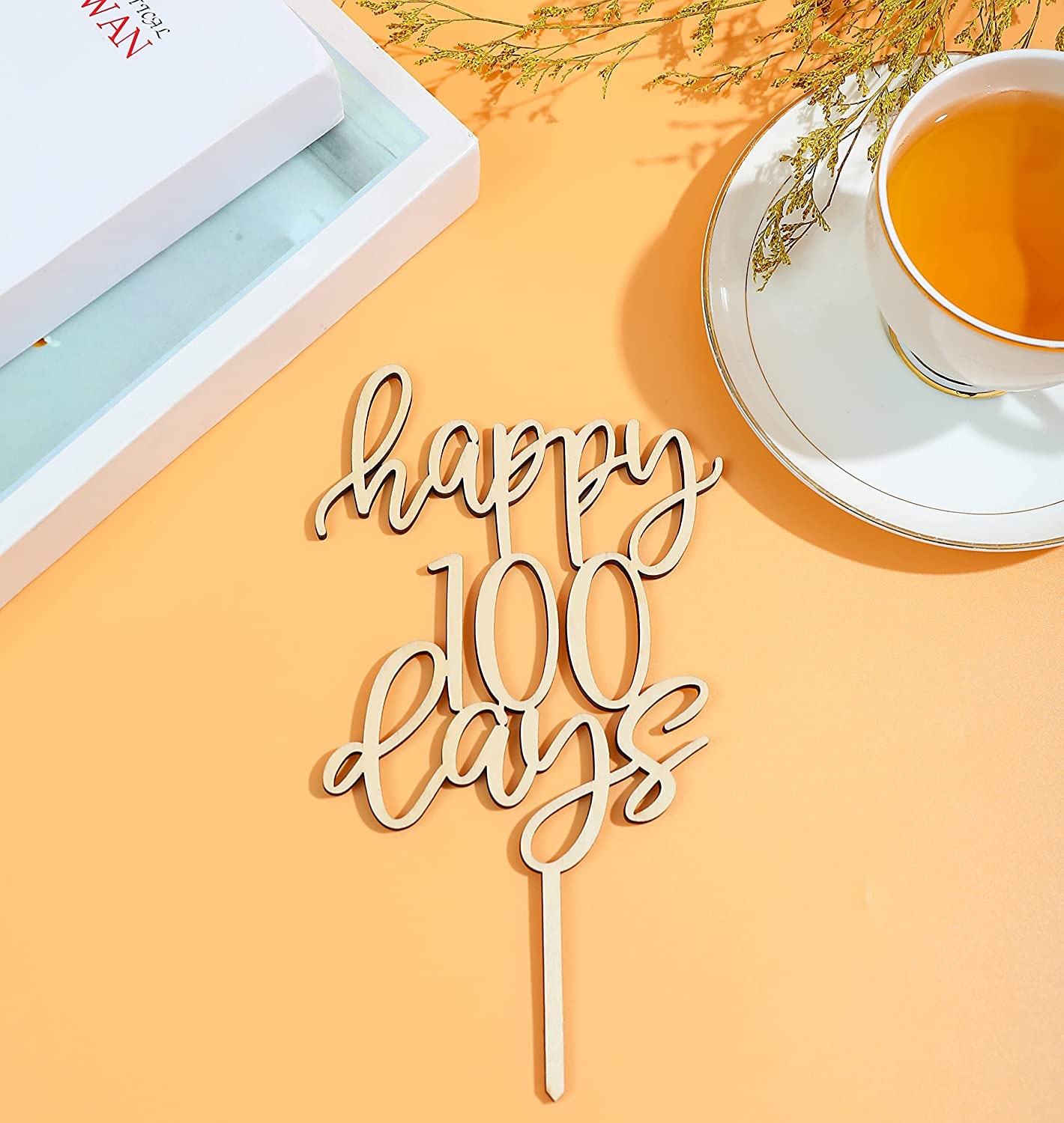 LOVENJOY Gift-Boxed Happy 100 Days Cake Topper, Baby Boy Girl One Hundred Days Party Cake Decoration, Rustic Wood image number 3