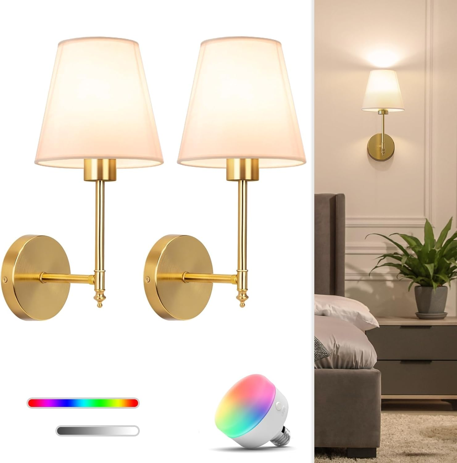 Wall Light Battery Operated Sconce Set of 2, Not Hardwired Fixture,Rgb Colors and Dimmable, Wall Sconce with Remote Dimmable Light Bulb,Easy to Install Not Wires,For Bedroom, Lounge, Farmhouse (Gold)