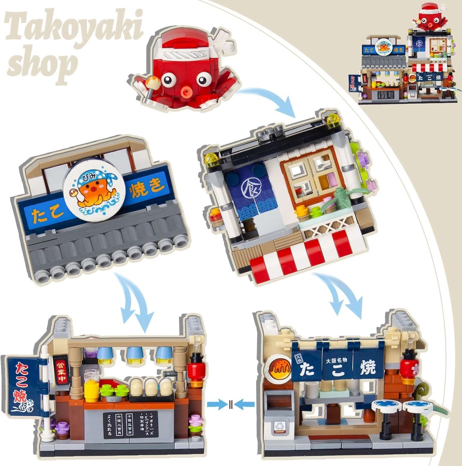 Oundarm Japanese Street View Mini Building Blocks Kit-Takoyaki Shop, Foldable Japanese Mini Store Toy for Adults Boys Girls 6+ (722 Pcs) image number 1