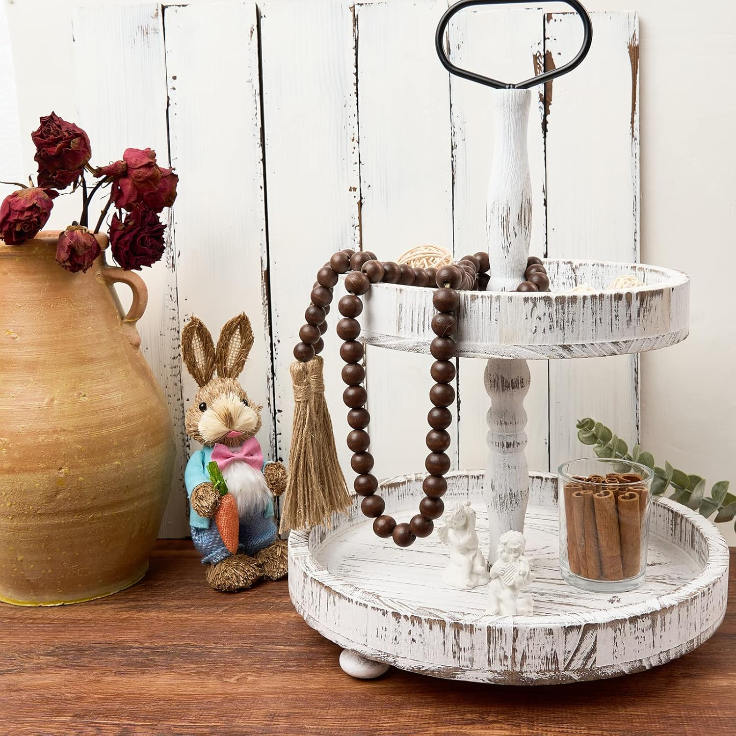 OMISHE 59In Wood Bead Garland with Tassels, Decorative Farmhouse Wall Hanging for Home Festival Decor, Dark Brown image number 4