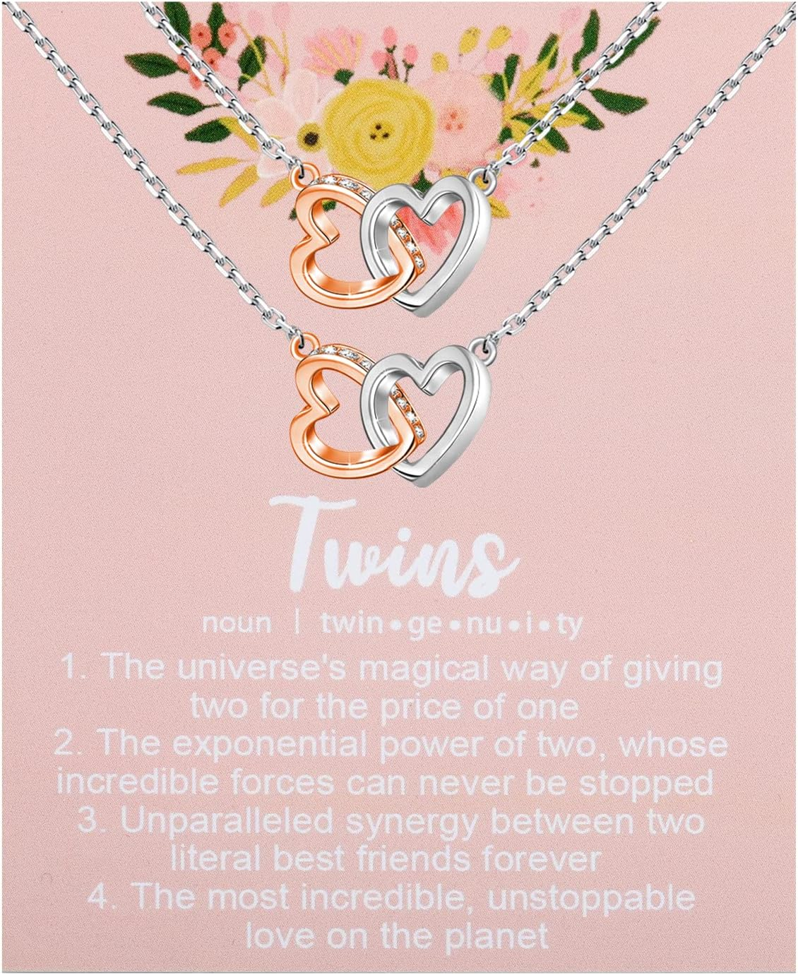 UJIMS Twin Sister Interlocking Hearts Necklace Twins Jewelry Twin Birthday Gifts for Twins Girl Message Necklace for Her image number 6