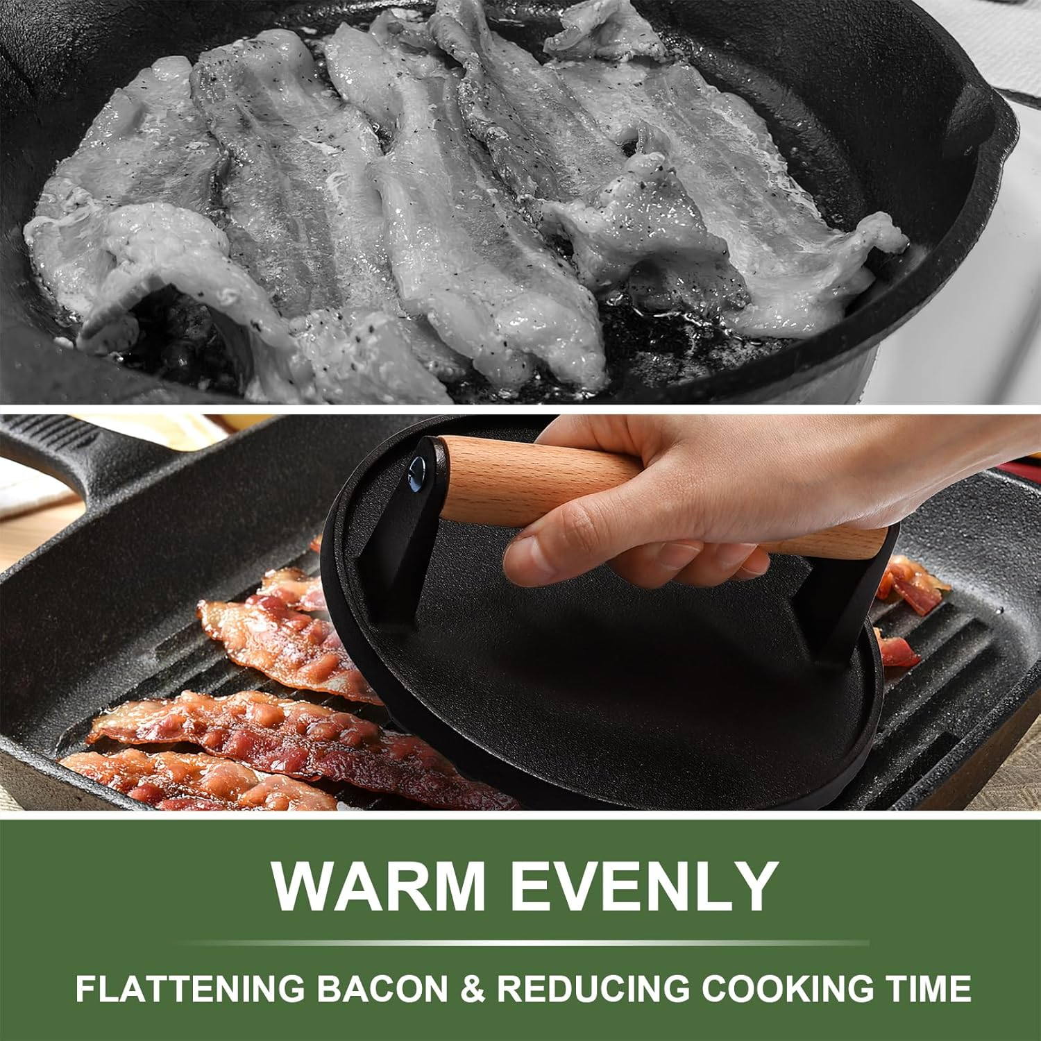 EWFEN Burger Press, 7" round & 8.2"X4.3" Rectangle Heavy-Duty Cast Iron Smash Bacon Press Meat Steak with Wood Handle for Griddle, Sandwich, Nonstick Pan - Cast Iron Round  Rectangle image number 5