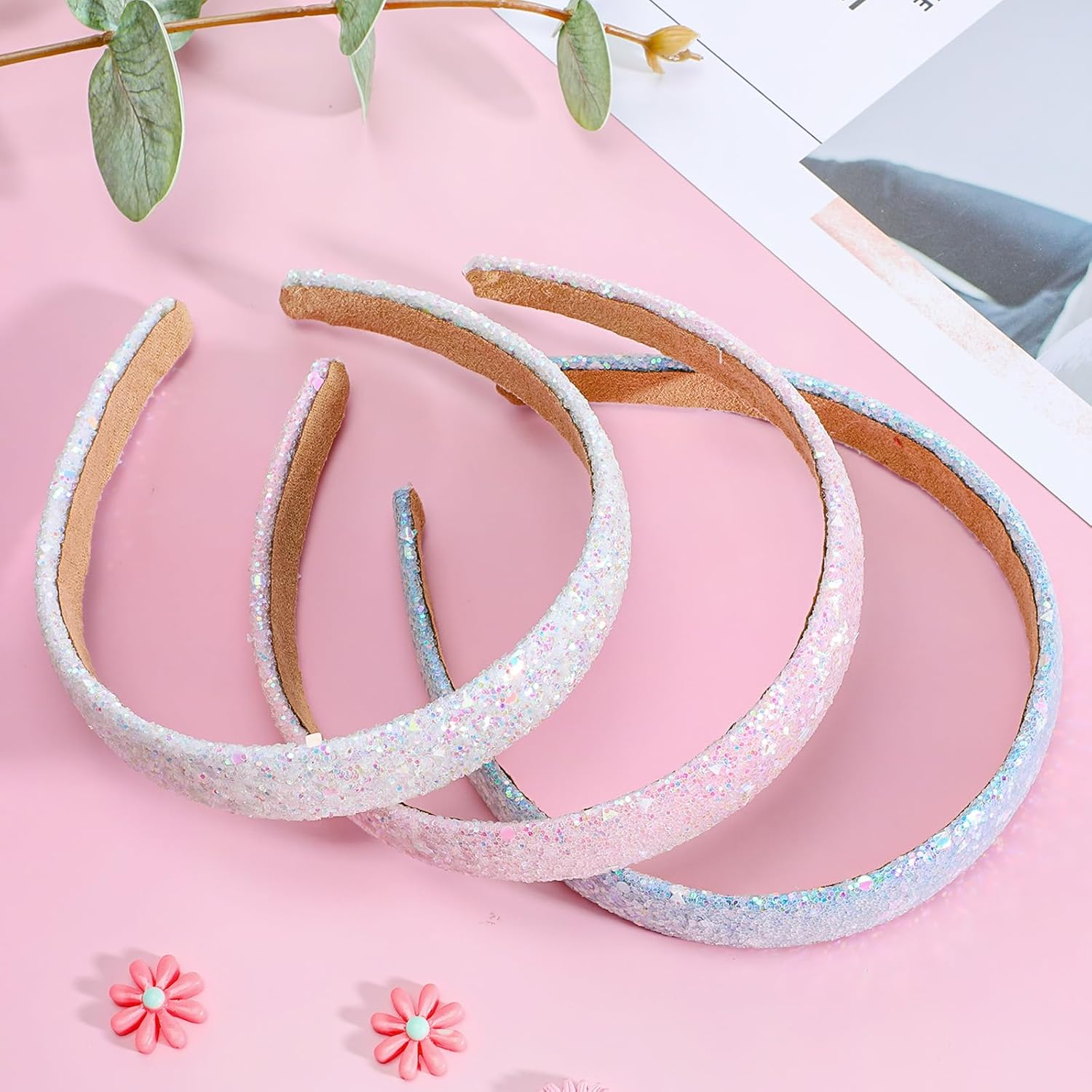 3PCS Kids Headbands for Girls Sparkly Headbands Wide Padded Hair Bands Thick Bling Fashion Cute Daily Accessories for Girls and Women (5.7&times;4.5 Inches, Pink + Sky Blue + White) image number 3
