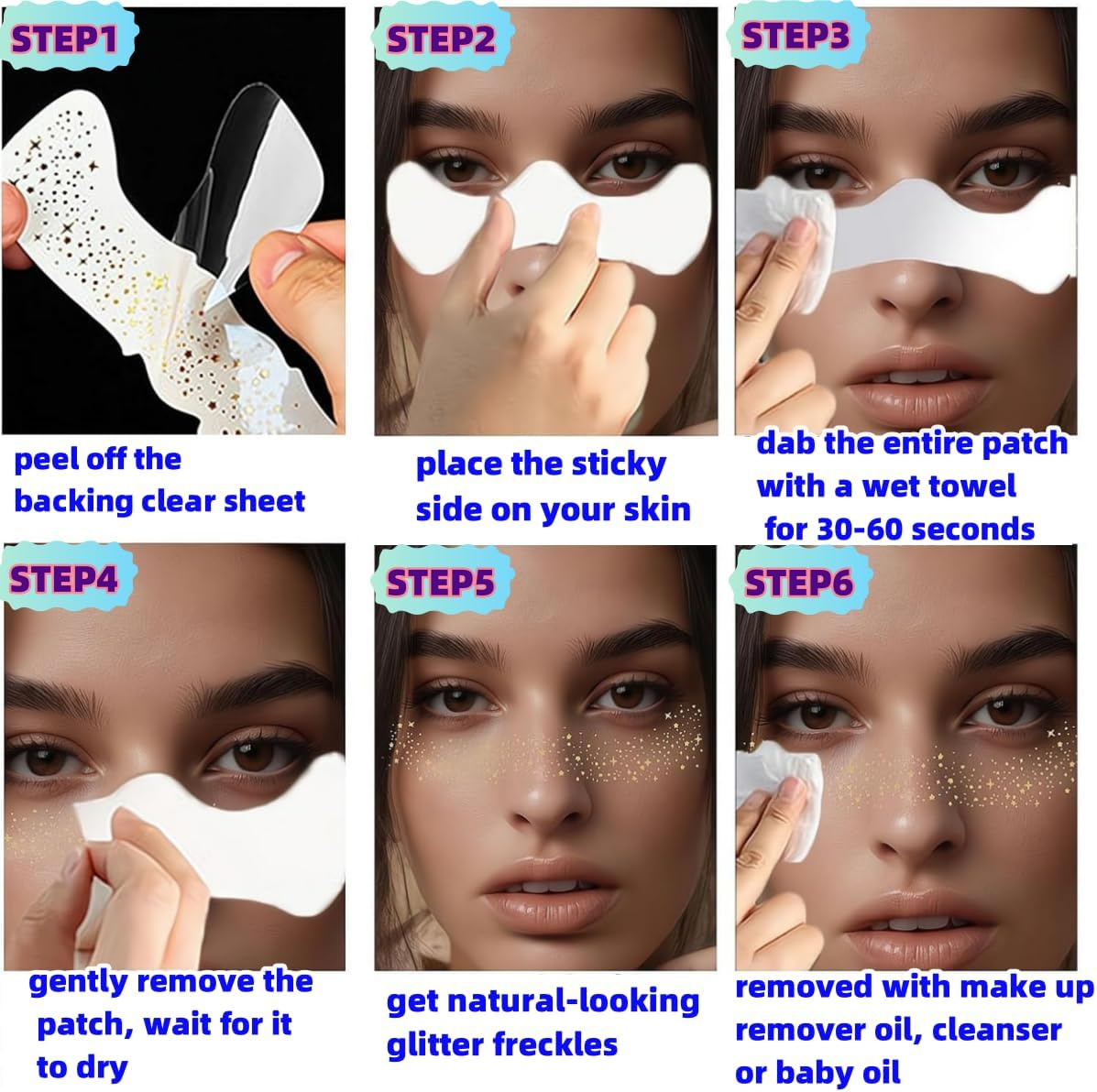 HIDOSNG 6PCS Glitter Freckles Face Tattoo, Gold Star Sparkle Freckles Makeup Patches(Gold05) (Gold07) image number 2