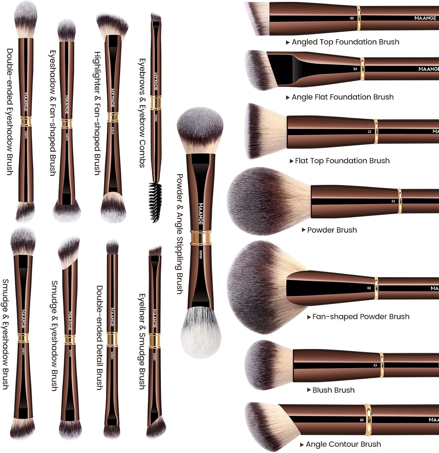 MAANGE 16 Pcs Professional Makeup Brushes, Double Sided Foundation Powder Contour Blush Set Complete Set with Pouch and Gift Box (Coffee Brown) image number 4
