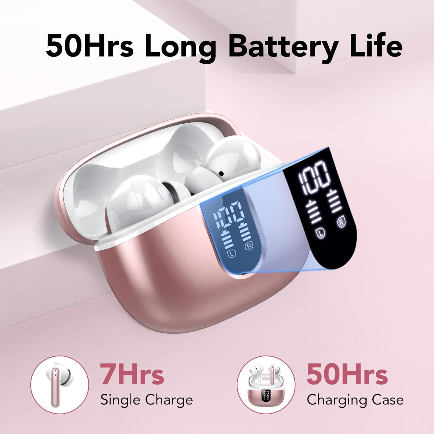 Wireless Earbuds, Bluetooth 5.4 Headphones with 4 ENC Call Noise Cancelling Mics, Bass Boost 85%, 50Hrs Playtime, IPX7 Waterproof, Mini Earbuds for Work, Sleep, Travel, USB-C, Rose Gold image number 1