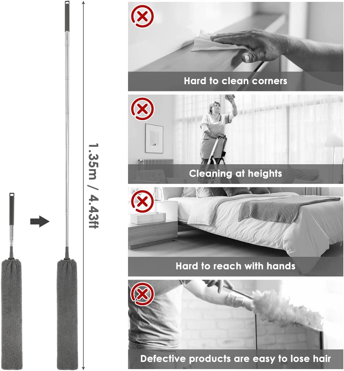 Gap Dust Cleaner Retractable Microfiber Gap Dust Brush Flexible Long Flat Gap Duster with Extendable Pole and Cloth Cover for Sofa Bed Furniture Bottom Ceiling Fan Blinds(Grey)