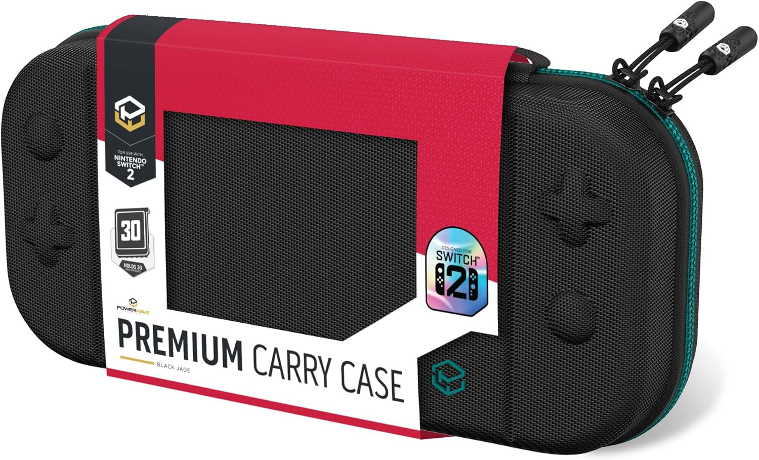 Powerwave Premium Carry Case Black Jade for Nintendo Switch 2, Durable Protective Hard Shell, 30 Game Cartridge Slots, Mesh Pocket, Portable Travel Storage Case