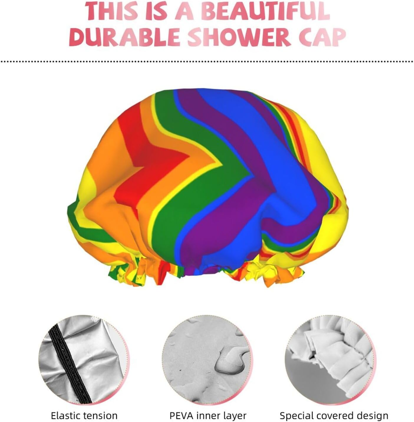 Lgbtq Pride Mouth Rainbow Gay Shower Cap for Women Adjustable Double Waterproof Layers Bathing Bath Cap Hair Protection Reusable Ladies Spa Salon Shower Hat image number 3