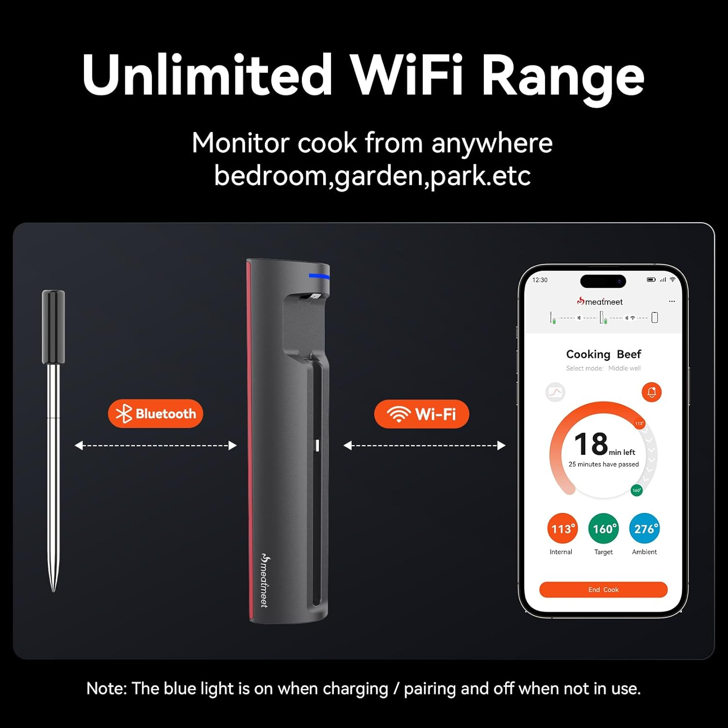 Meatmeet Pro Wireless Meat Thermometer, Wifi and Bluetooth Smart Cooking Thermometer with App Alerts, IP67 Waterproof & Heat-Resistant for BBQ, Oven, Grill, Air Fryer
