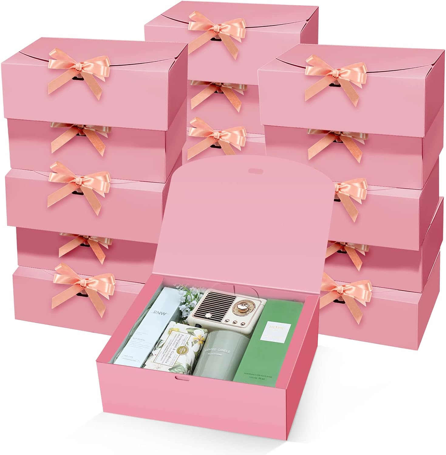 PEKGRIL 15 Pcs Gift Boxes with Lids, Pink 10X8X4 Inch Gift Boxes, Bridesmaid Proposal Box with Ribbon, Kraft Paper Boxes for Wedding, Packaging, Present, Birthday, Christmas, Party