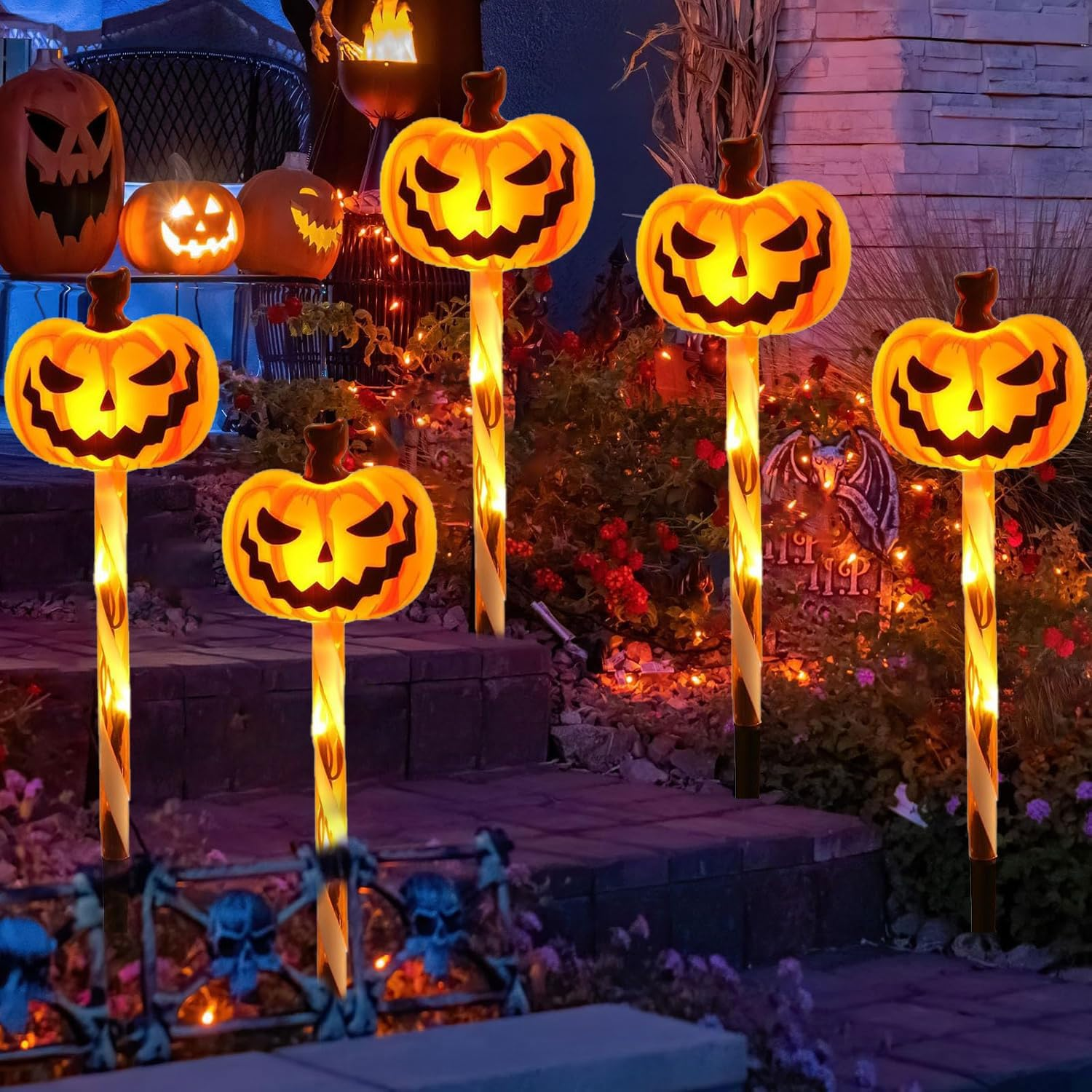 Pack of 5 Halloween Decorative Outdoor Garden, Pumpkin Solar Lights Outdoor, LED Lighting Lantern for Outdoor, Solar Pumpkin Pathway Lights, for Outdoor Party, Tombstone, Home Decor, Lawn Fence, Porch image number 4